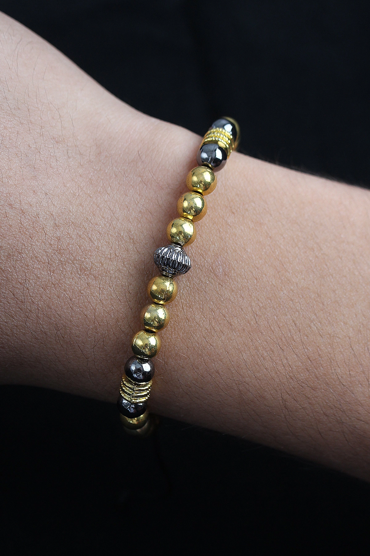 Doğal Taş Çember Model Gold Ve Füme Renk Asansörlü Erkek Bileklik-0