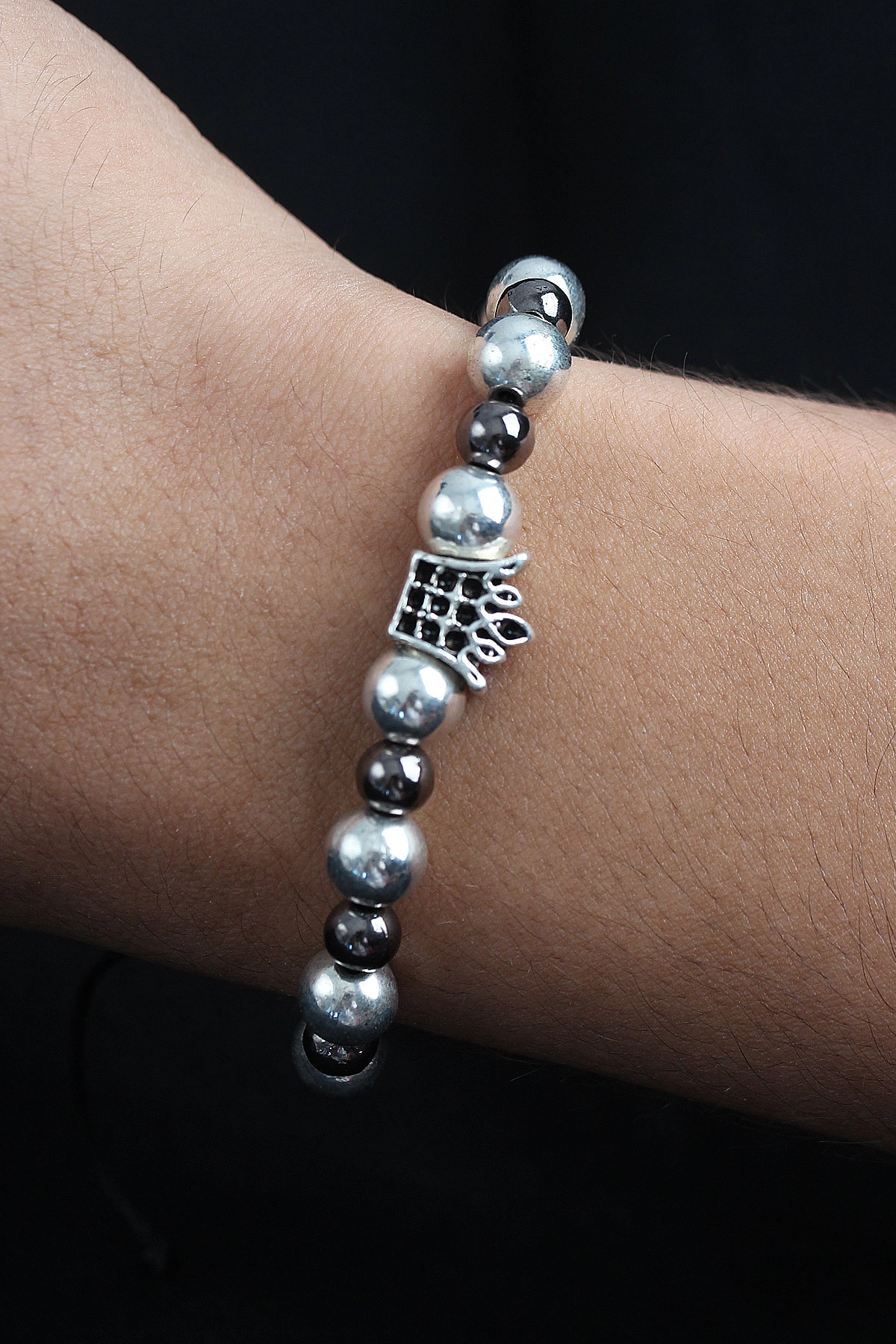 Doğal Taş Kral Tacı Model Gümüş Ve Füme Renk Asansörlü Erkek Bileklik-0