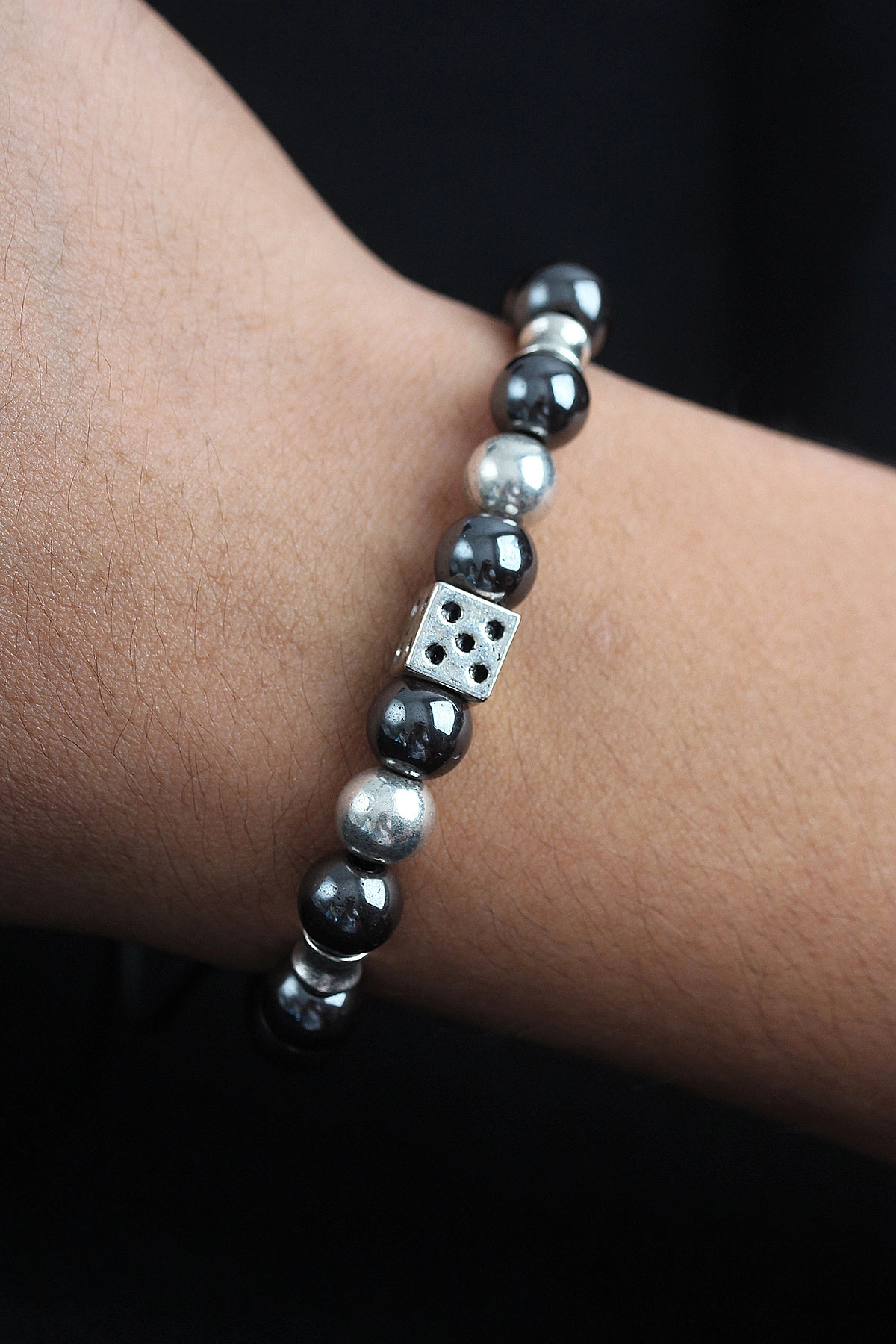 Doğal Taş Zar Model Gümüş Ve Füme Renk Asansörlü Erkek Bileklik-0