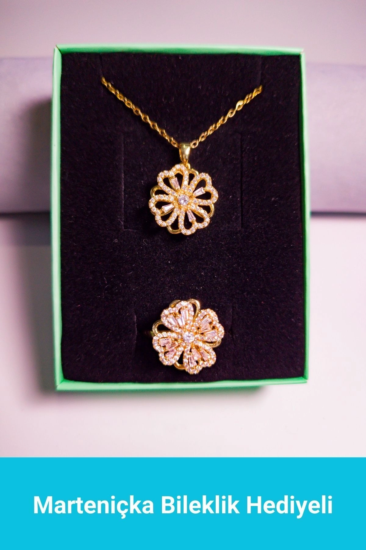 Dönen Yonca Kolye Zirkon Taşlı Yüzük Set | 316l Çelik - Kararmaz | Hediye Kadın-0