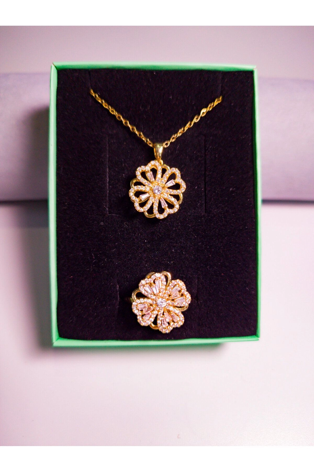 Dönen Yonca Kolye Zirkon Taşlı Yüzük Set | 316l Çelik - Kararmaz | Hediye Kadın-2