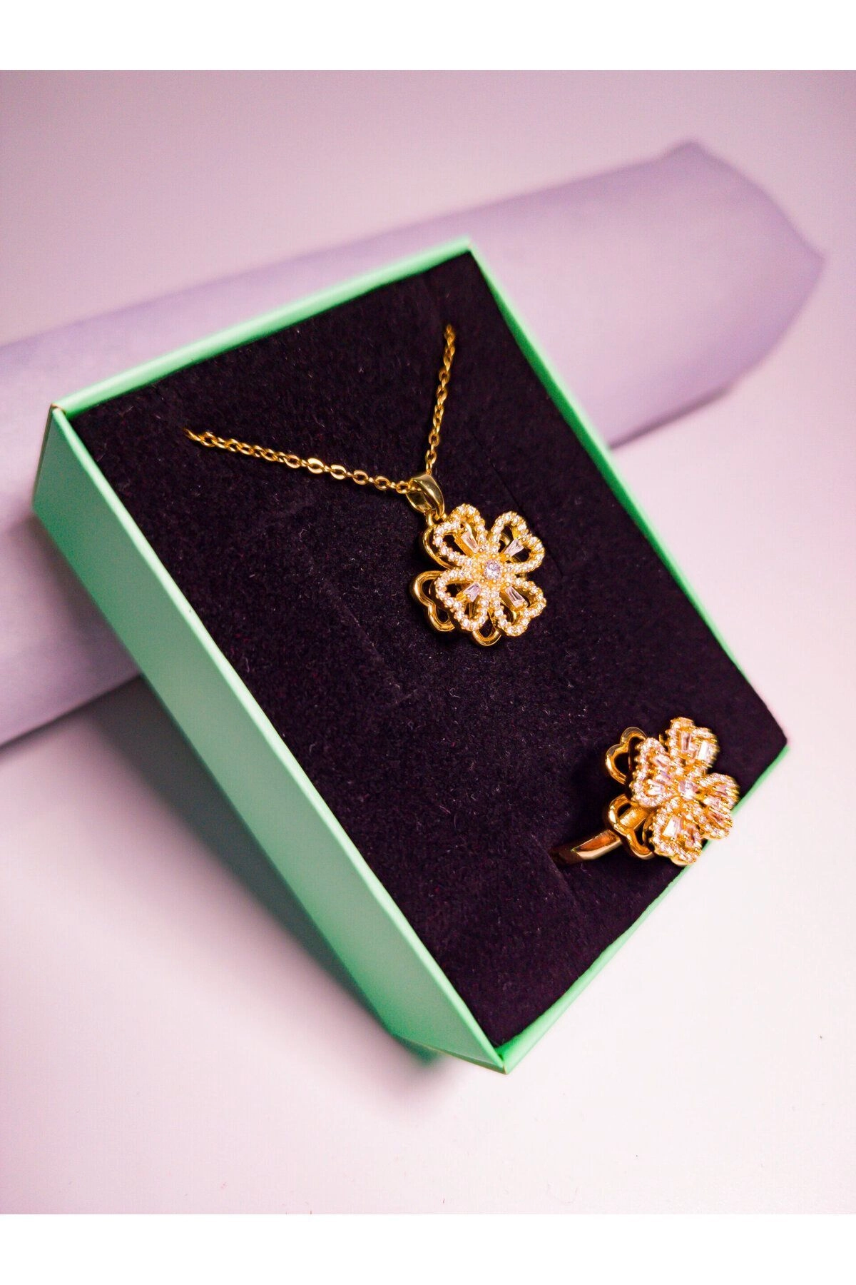 Dönen Yonca Kolye Zirkon Taşlı Yüzük Set | 316l Çelik - Kararmaz | Hediye Kadın-4