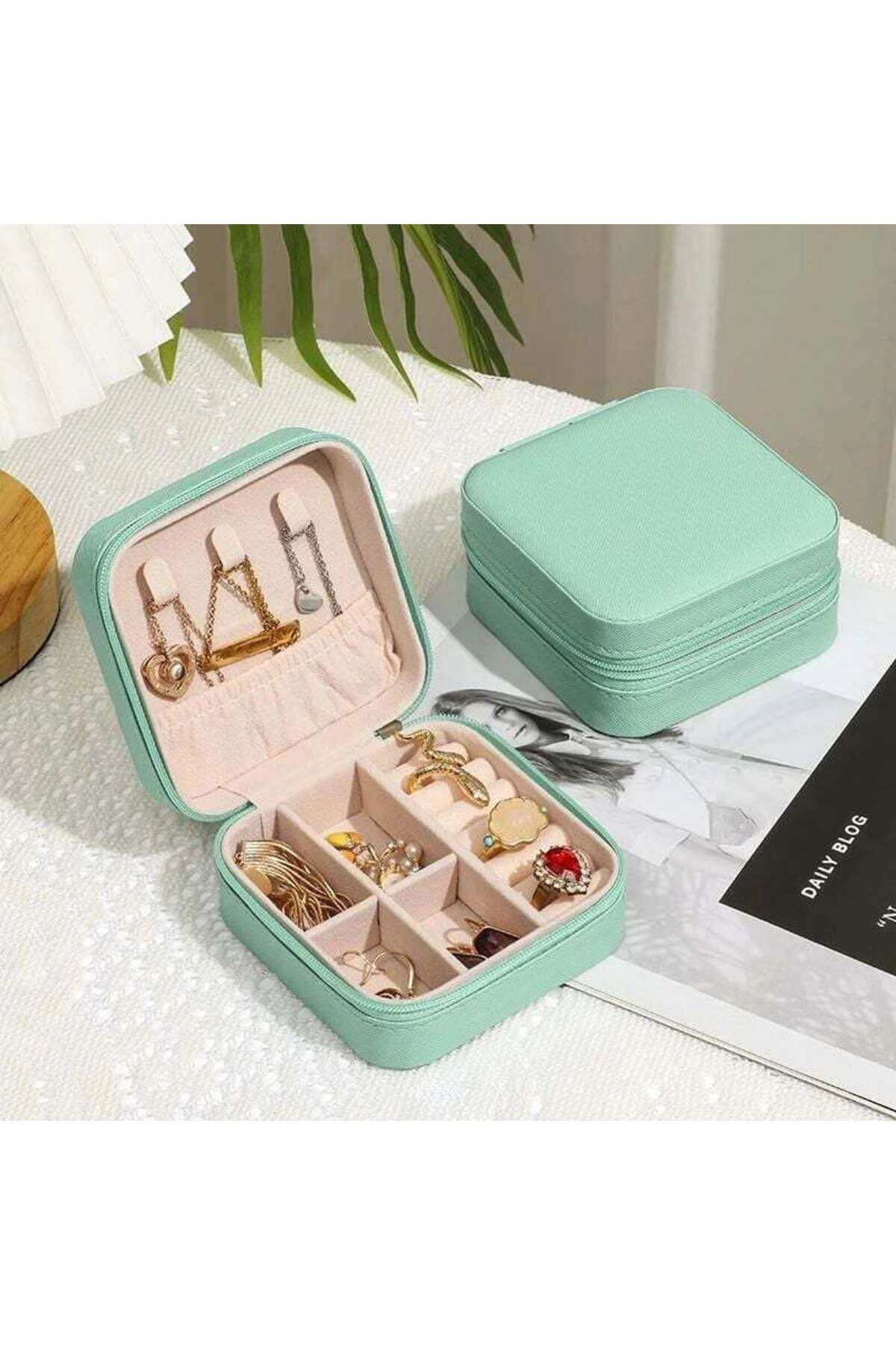 Fermuarlı Organizer Takı Çantası Kutusu Seyahat Mücevher Aksesuar Çantası Turkuaz-0