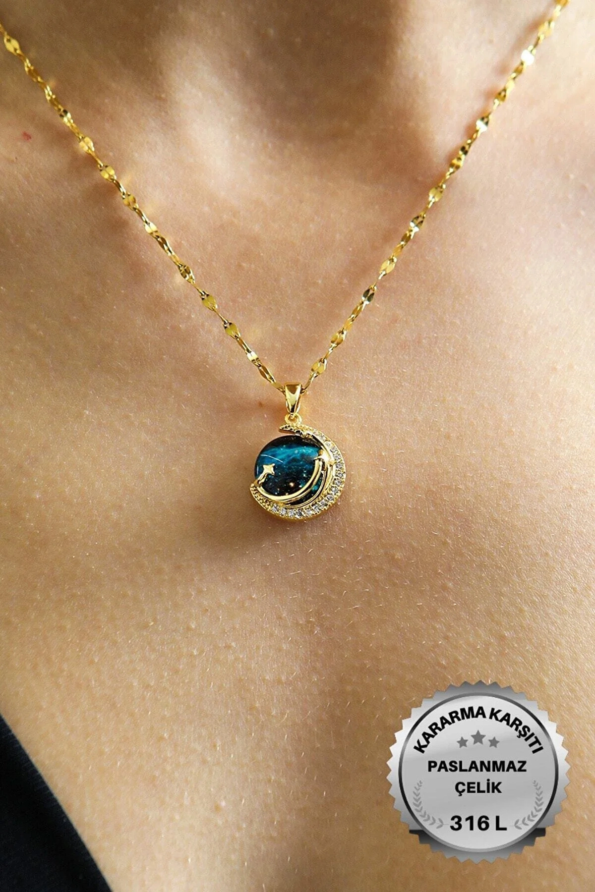 Gökyüzü Kadın Kolye - Kararmaz - Çelik | Hediye Paketi | Uzay - Dünya - Gezegen Temalı-0
