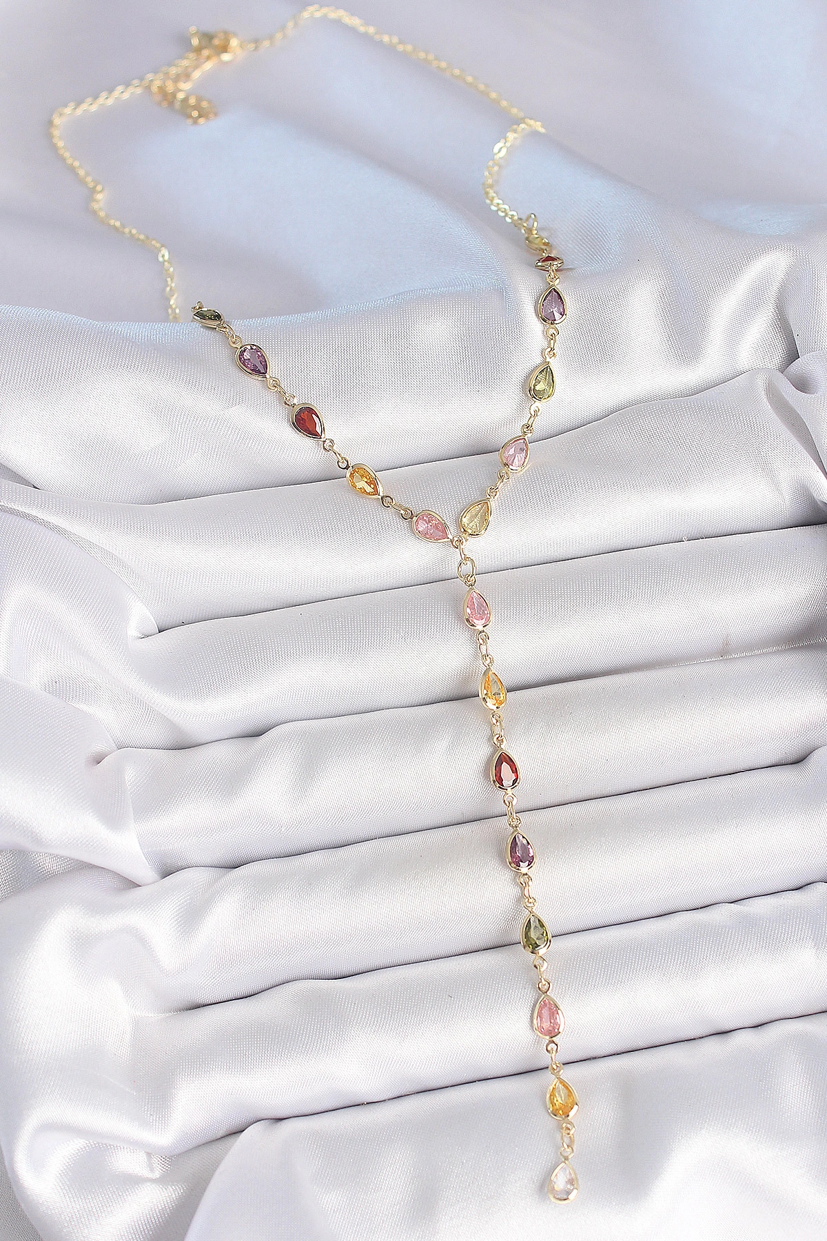 Gold Karışık Renk Zirkon Taşlı Y Pirinç Kolye-1