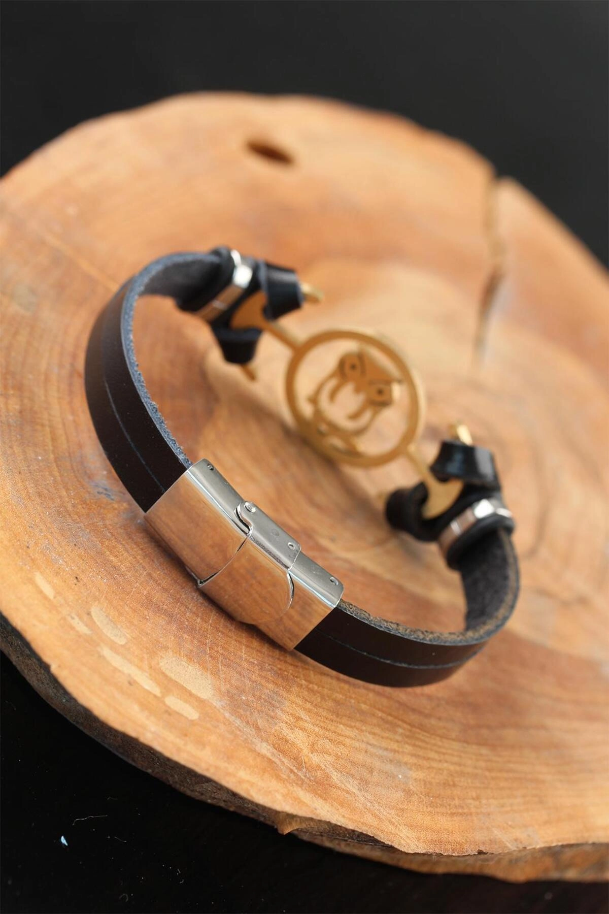Gold Renk Baykuşlu Metal Aksesuarlı Siyah Renk Deri Erkek Bileklik-1
