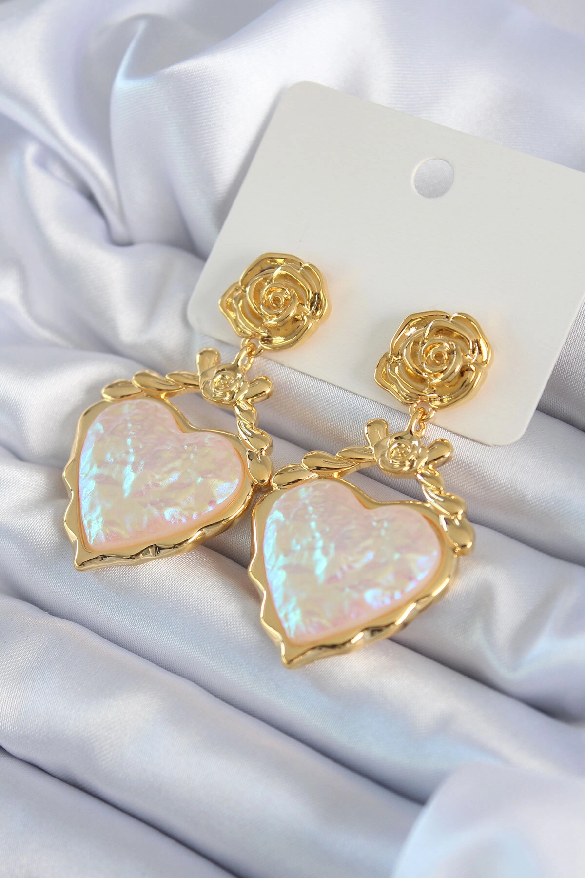 Gold Renk Gül Sallantı Kalp Model Pirinç VİP Kadın Küpe-0