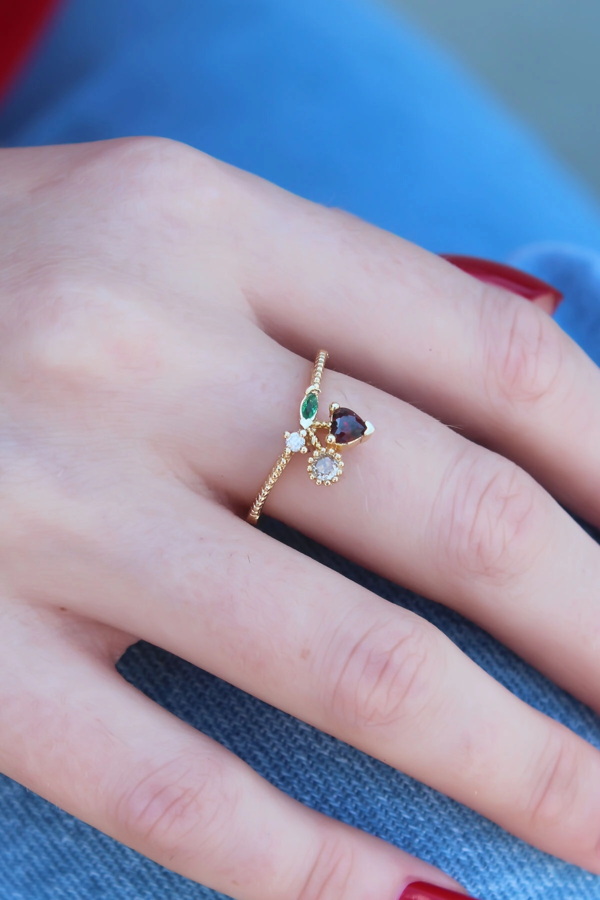 Gold Renk Kiraz Model Zirkon Taşlı Kadın Yüzük-0