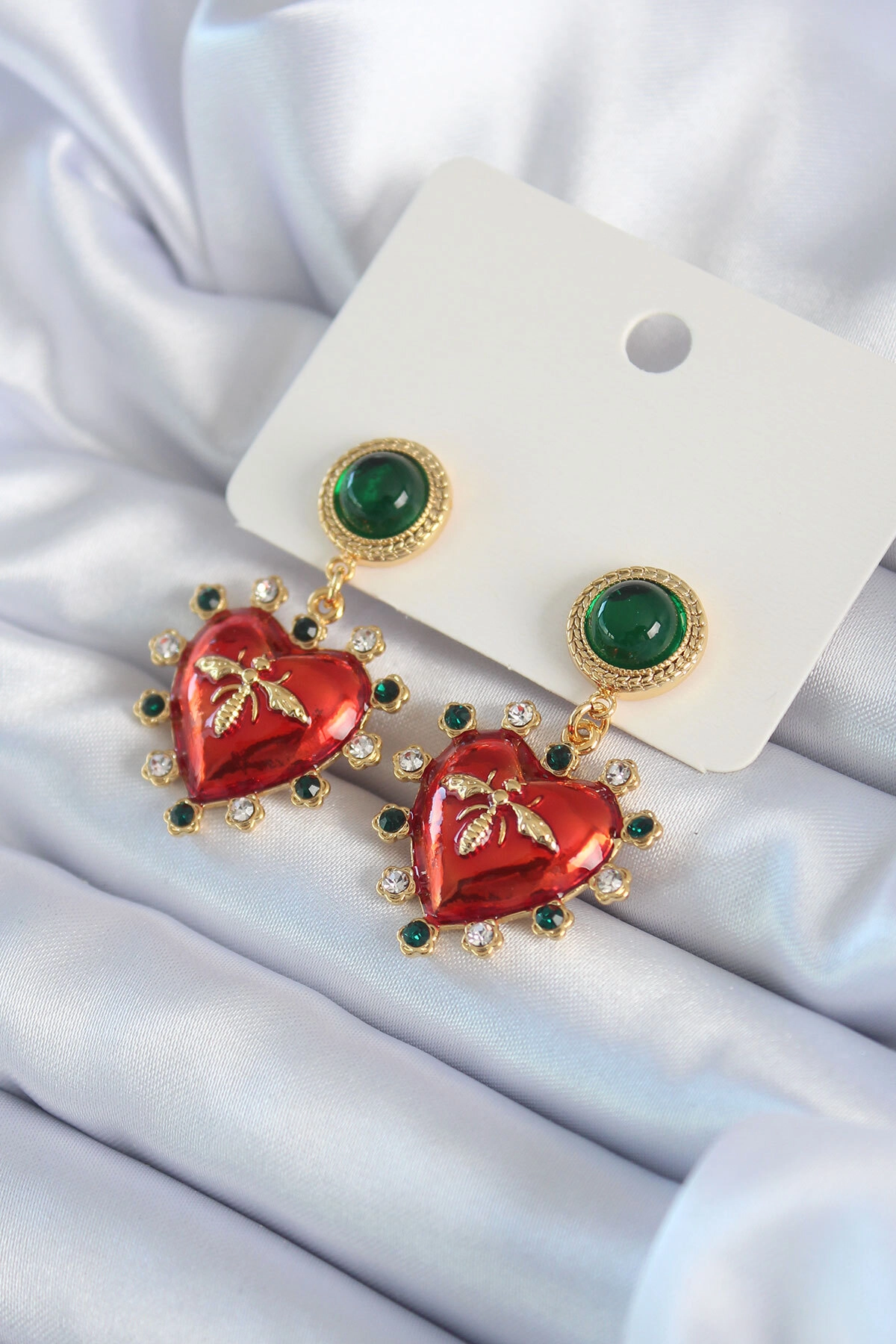 Gold Renk Kırmızı Kalp Model Zirkon Taş Detay Pirinç VİP Kadın Küpe-0