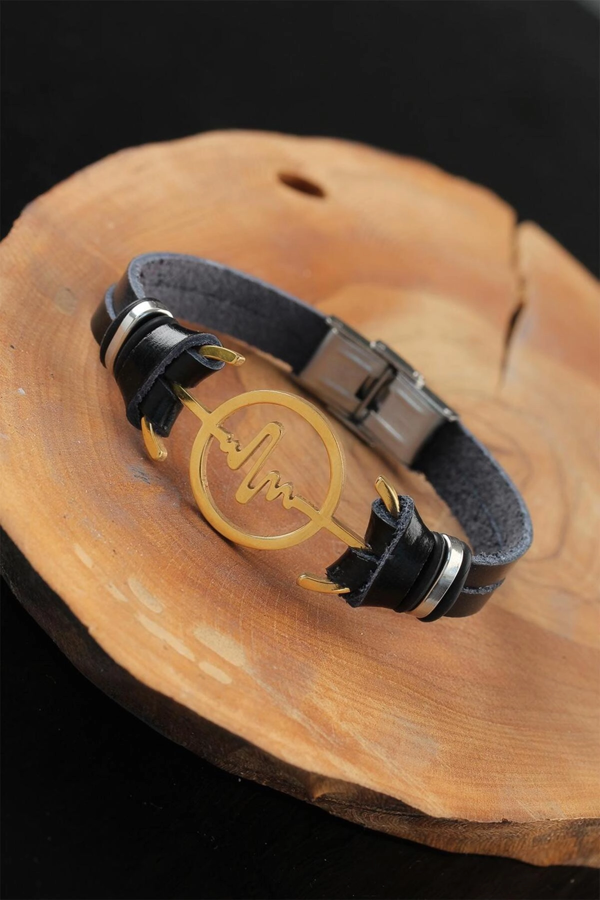 Gold Renk Metal Nabız Tasarım Siyah Renk Deri Erkek Bileklik-0