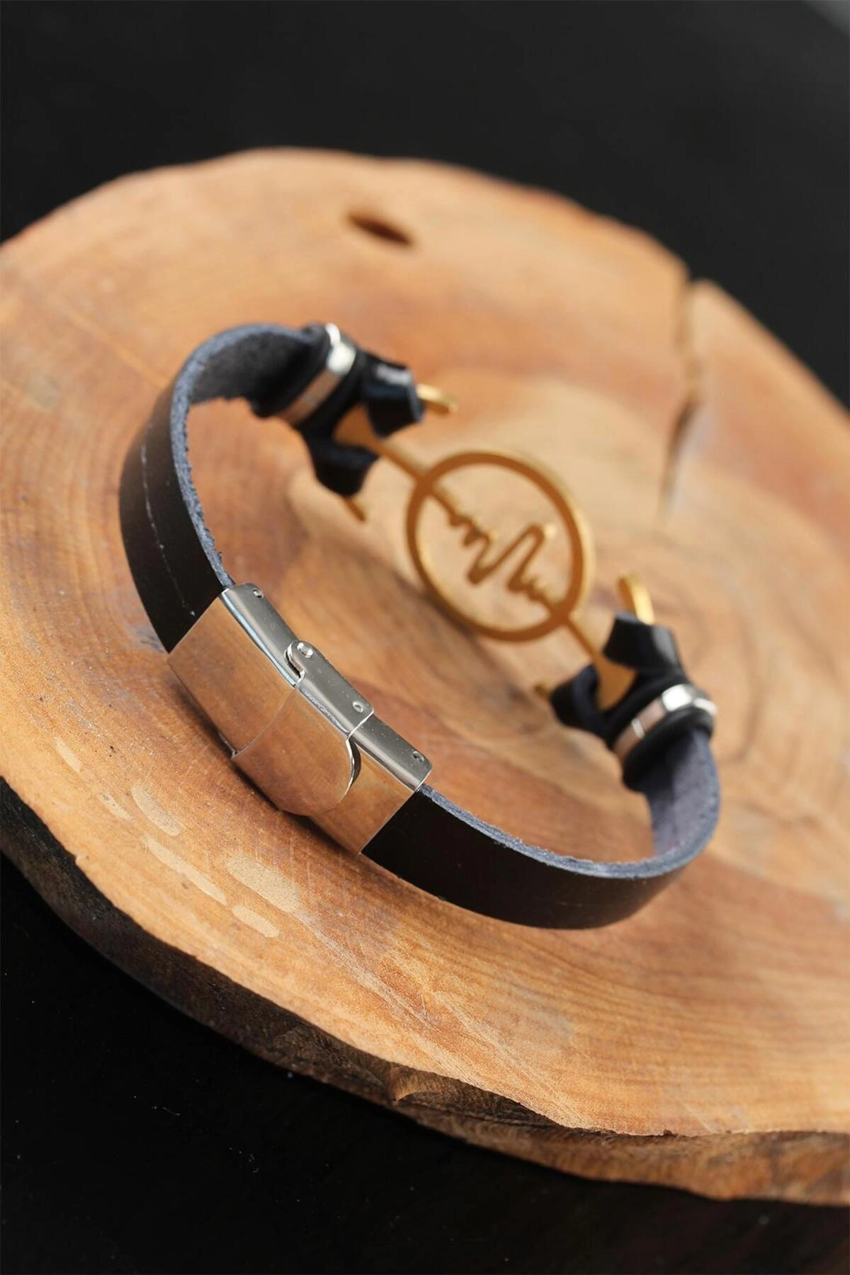 Gold Renk Metal Nabız Tasarım Siyah Renk Deri Erkek Bileklik-1