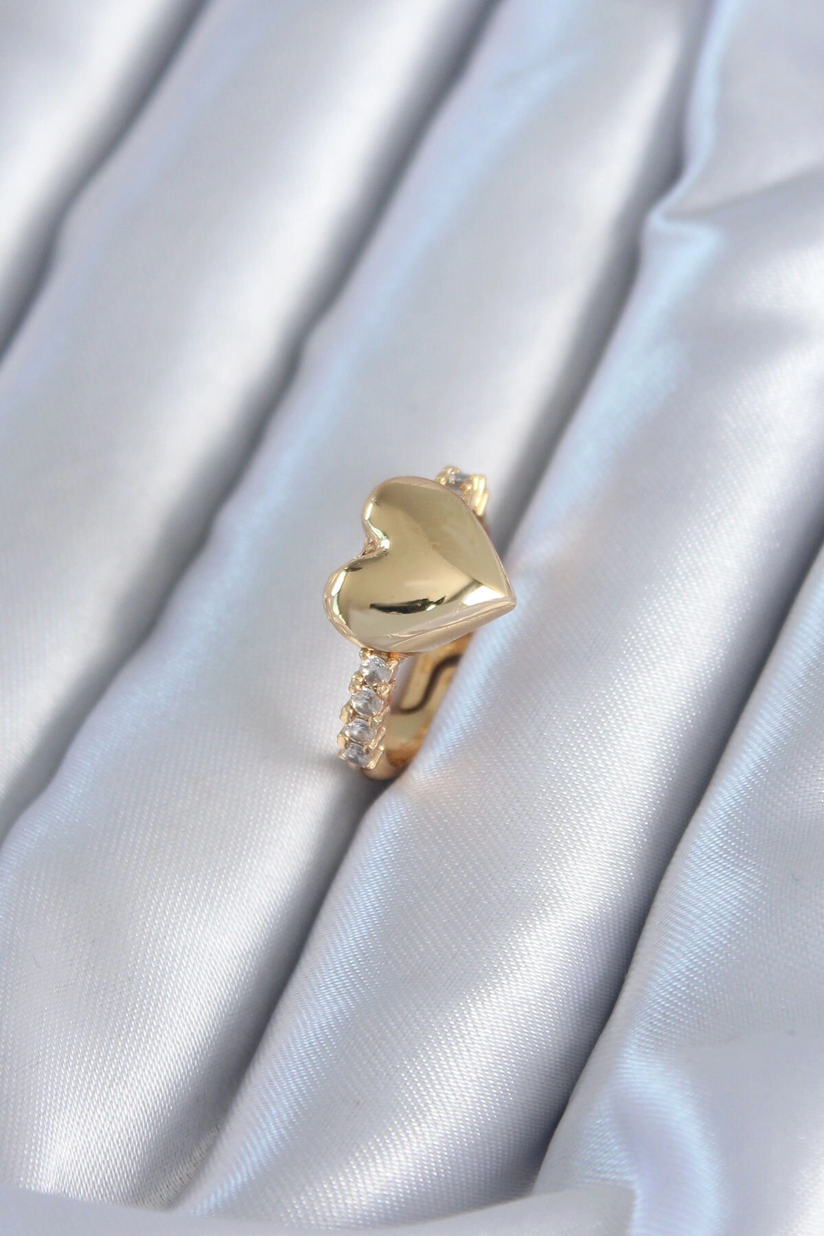 Gold Renk Pirinç Zirkon Taşlı Kalp Model Kadın Yüzük-0