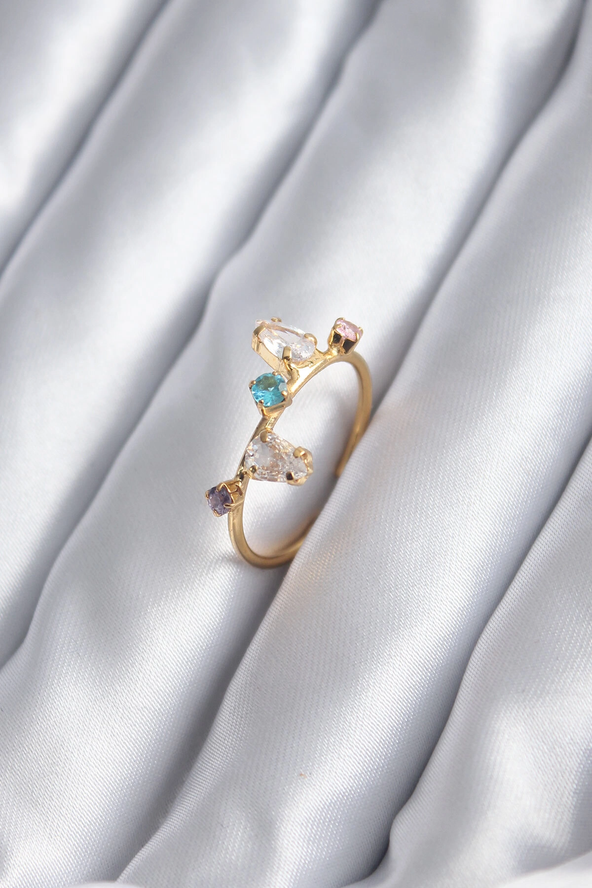 Gold Renk Renkli Zirkon Taşlı Kadın Yüzük-0