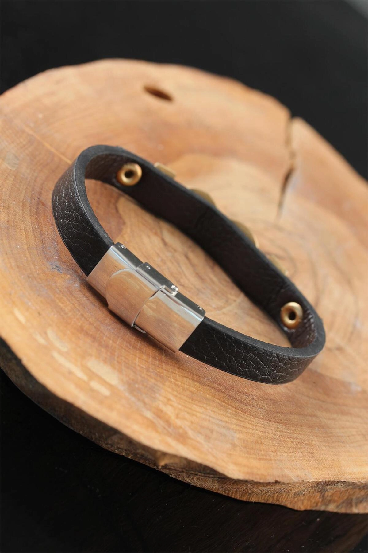 Gold Renk Sonsuzluklu Metal Aksesuarlı Siyah Deri Erkek Bileklik-1