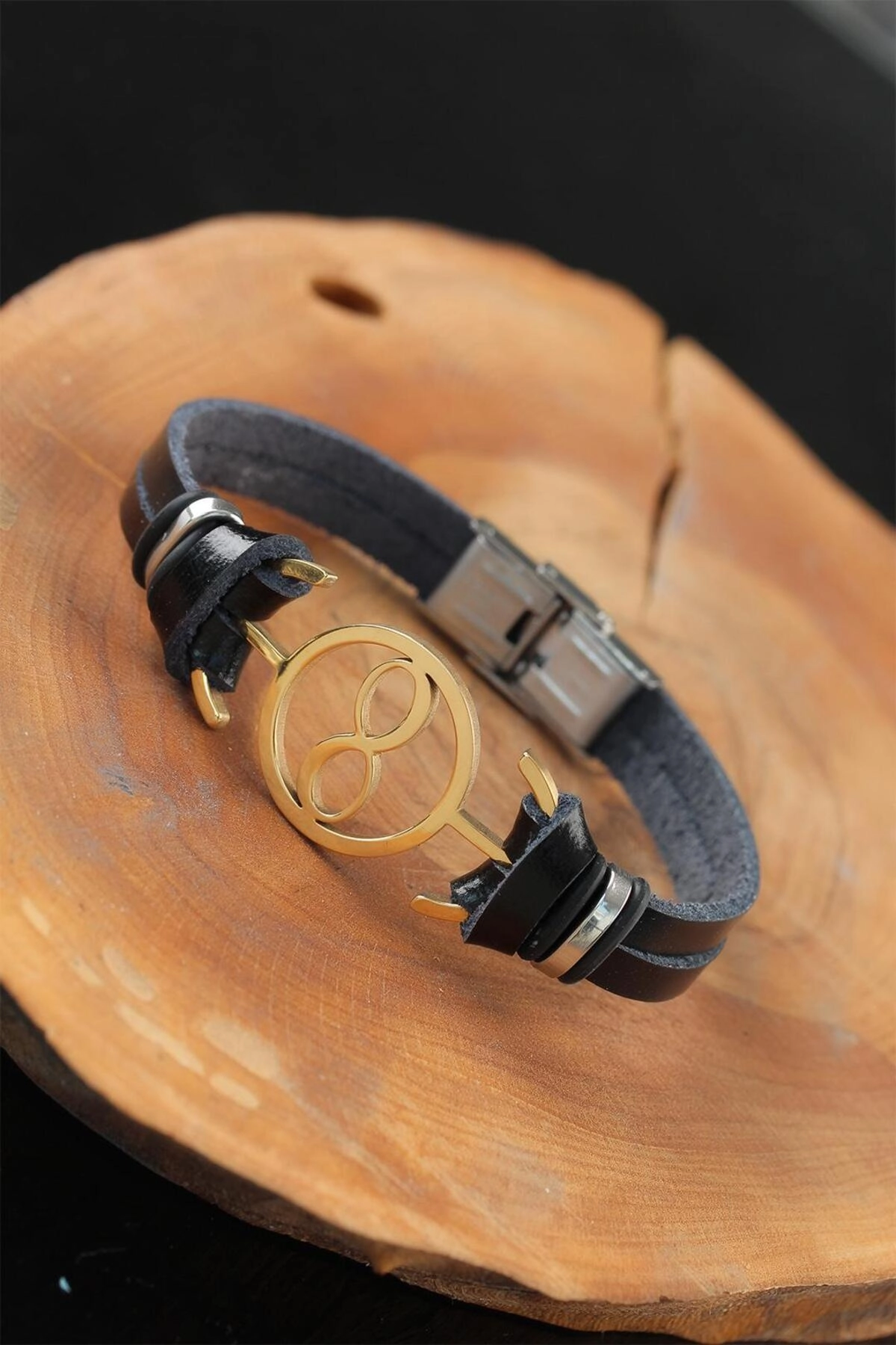 Gold Renk Sonsuzluklu Metal Aksesuarlı Siyah Renk Deri Erkek Bileklik-0