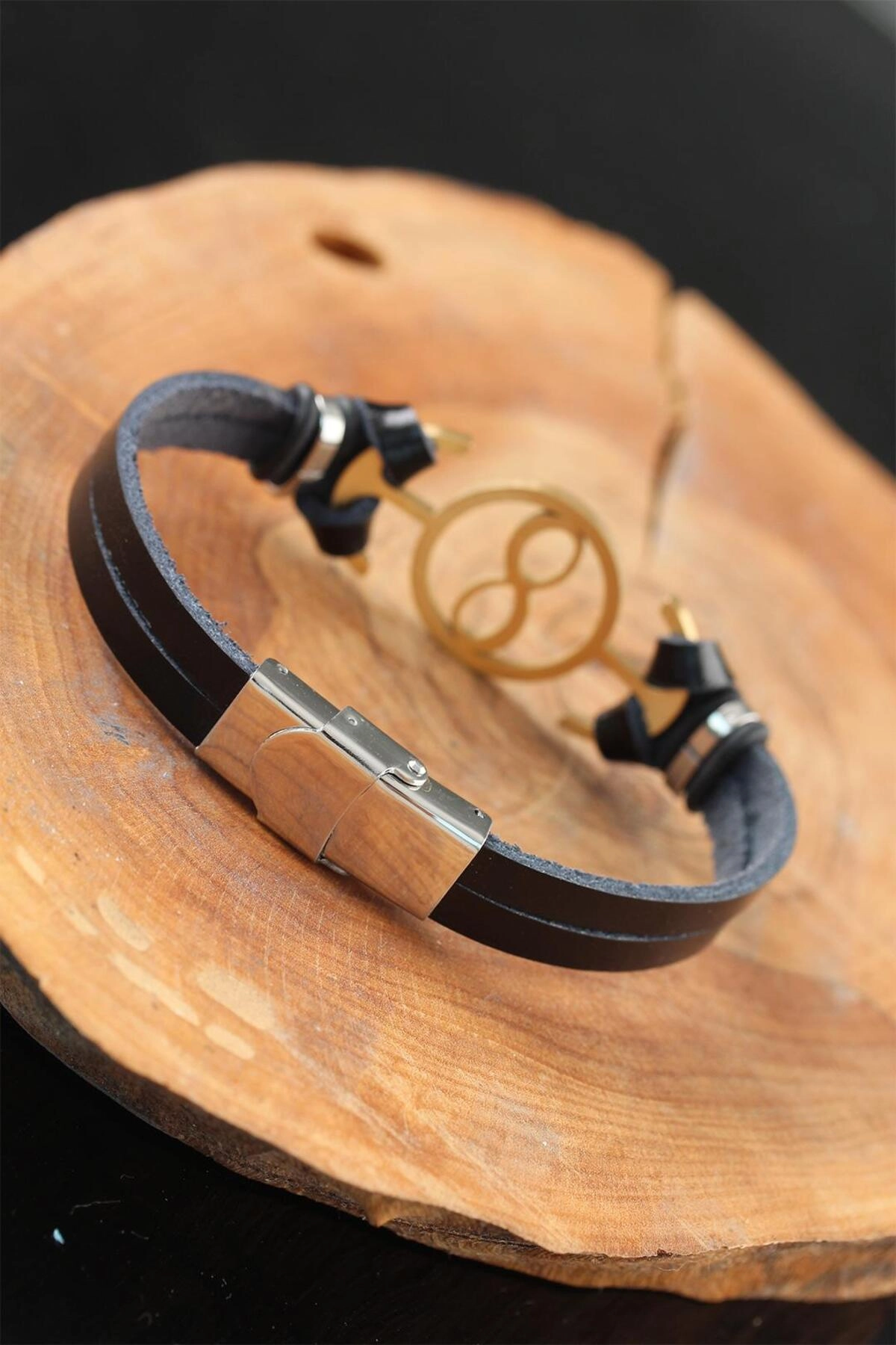 Gold Renk Sonsuzluklu Metal Aksesuarlı Siyah Renk Deri Erkek Bileklik-1