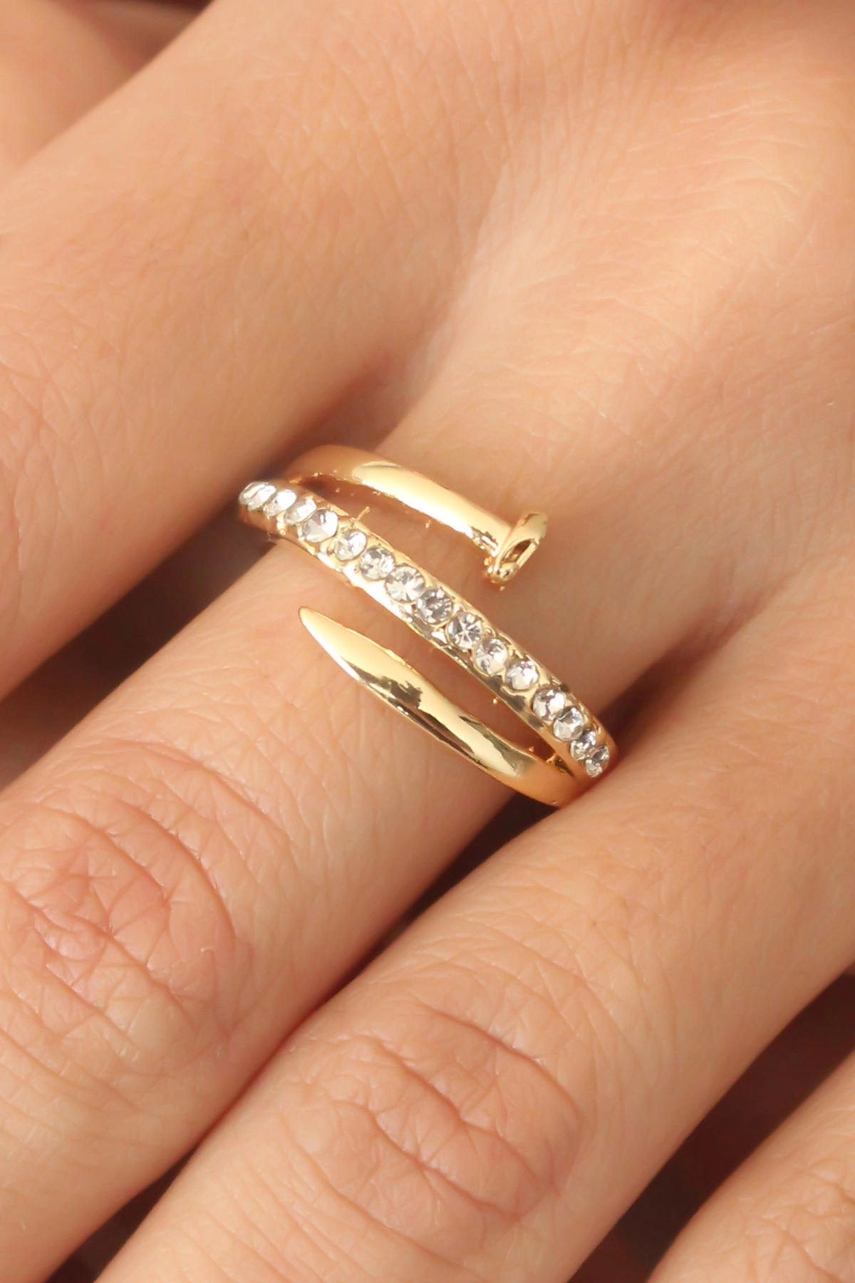 Gold Renk Taşlı Çivi Ayarlanabilir Kadın Yüzük-0