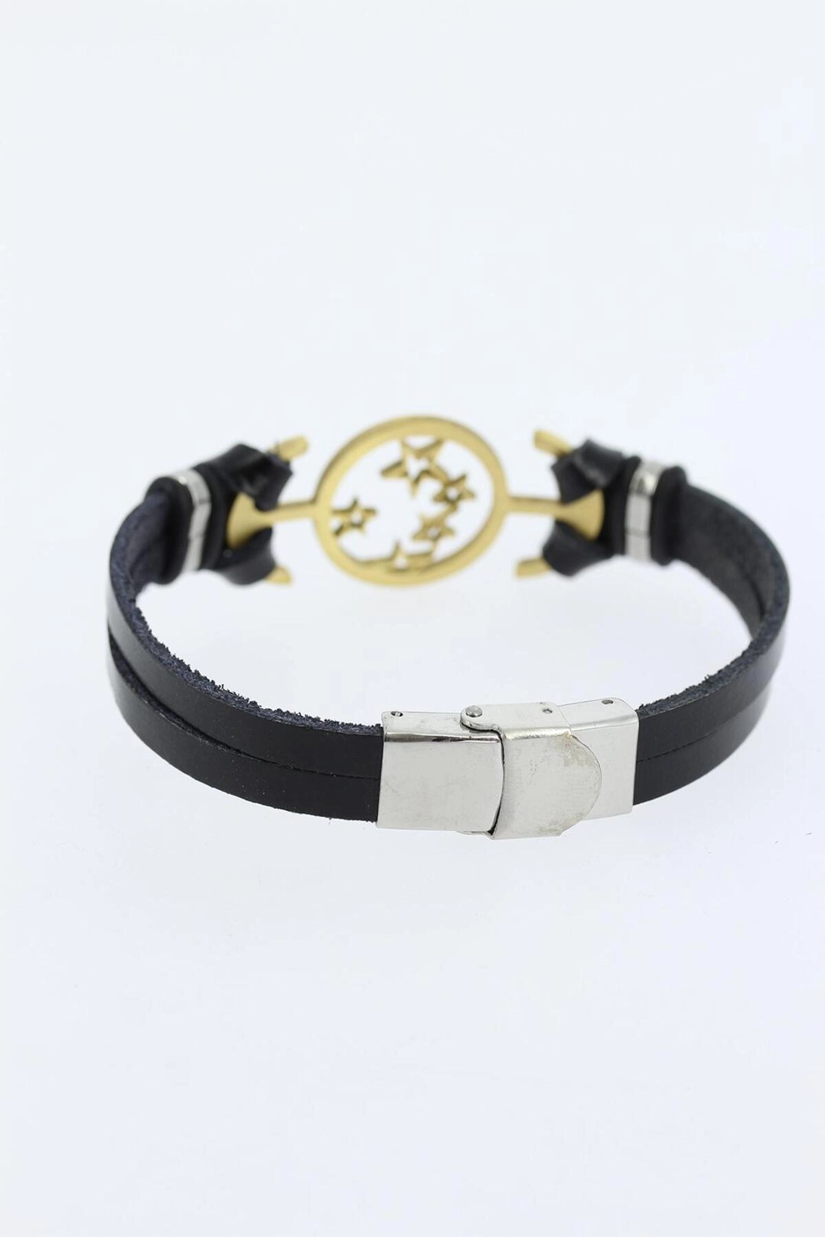 Gold Renk Yıldız Figürlü Metal Aksesuarlı Siyah Renk Deri Erkek Bileklik-1