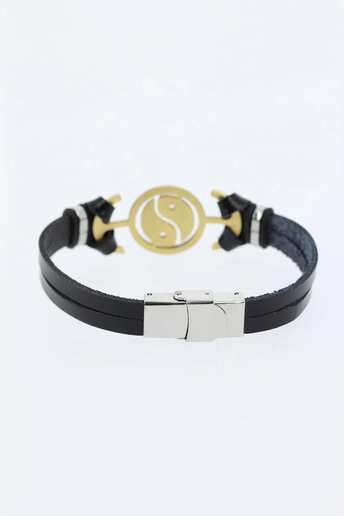 Gold Renk Yin Yang Figürlü Metal Aksesuarlı Siyah Renk Deri Erkek Bileklik-1