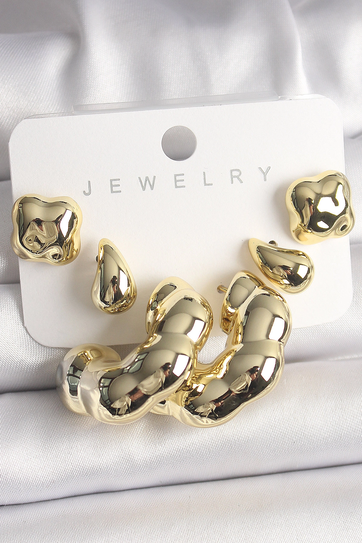 Gold Renk Yonca Damla Halka Model CCB Plastik Kadın Küpe Seti-0