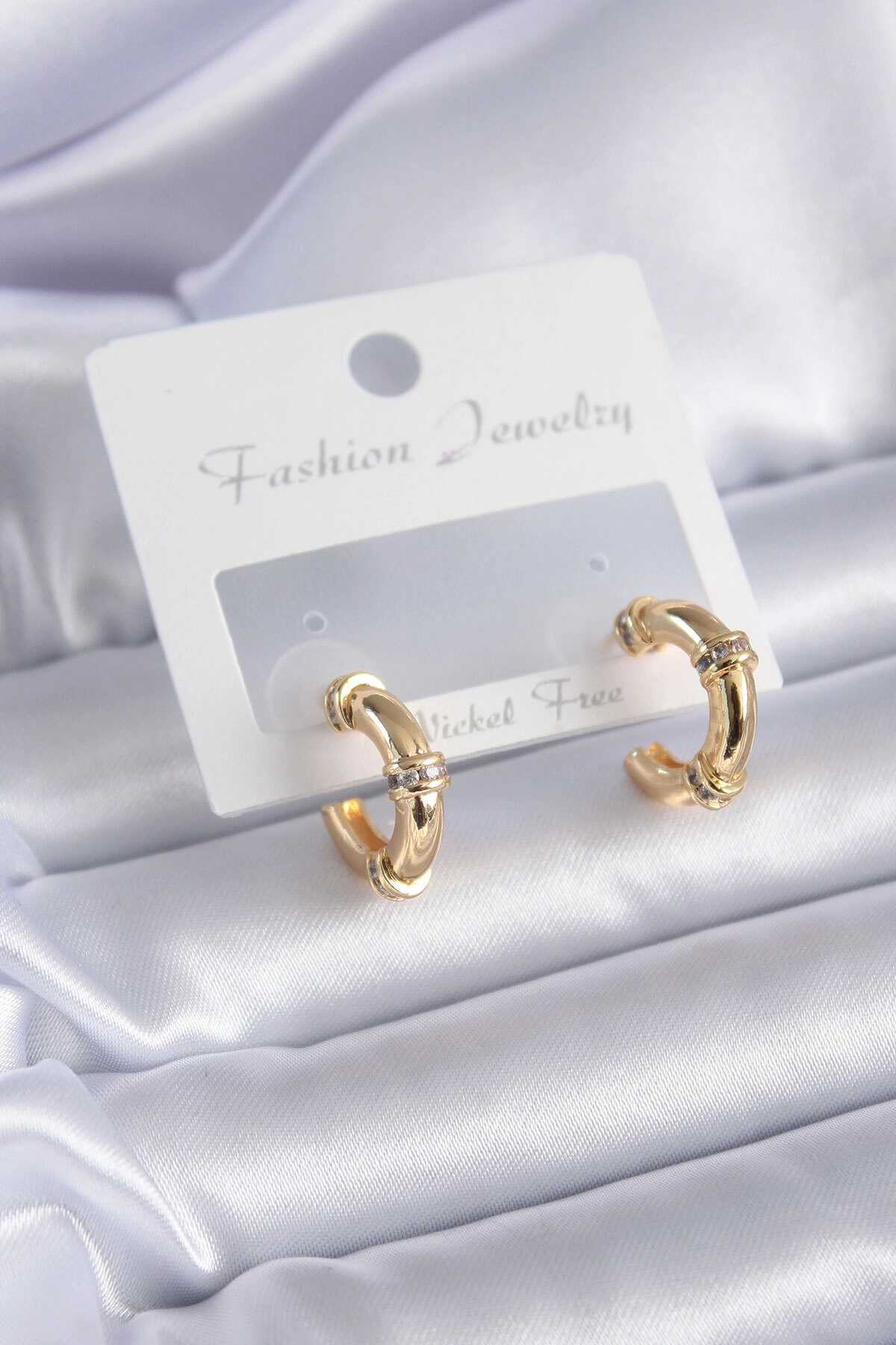 Gold Renk Zirkon Taş Detay Halka Model Pirinç Kadın Küpe-0