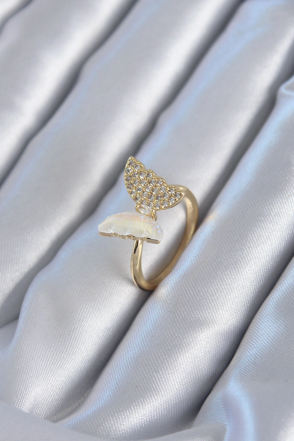 Gold Renk Zirkon Taş Detay Pirinç Kadın Yüzük-0