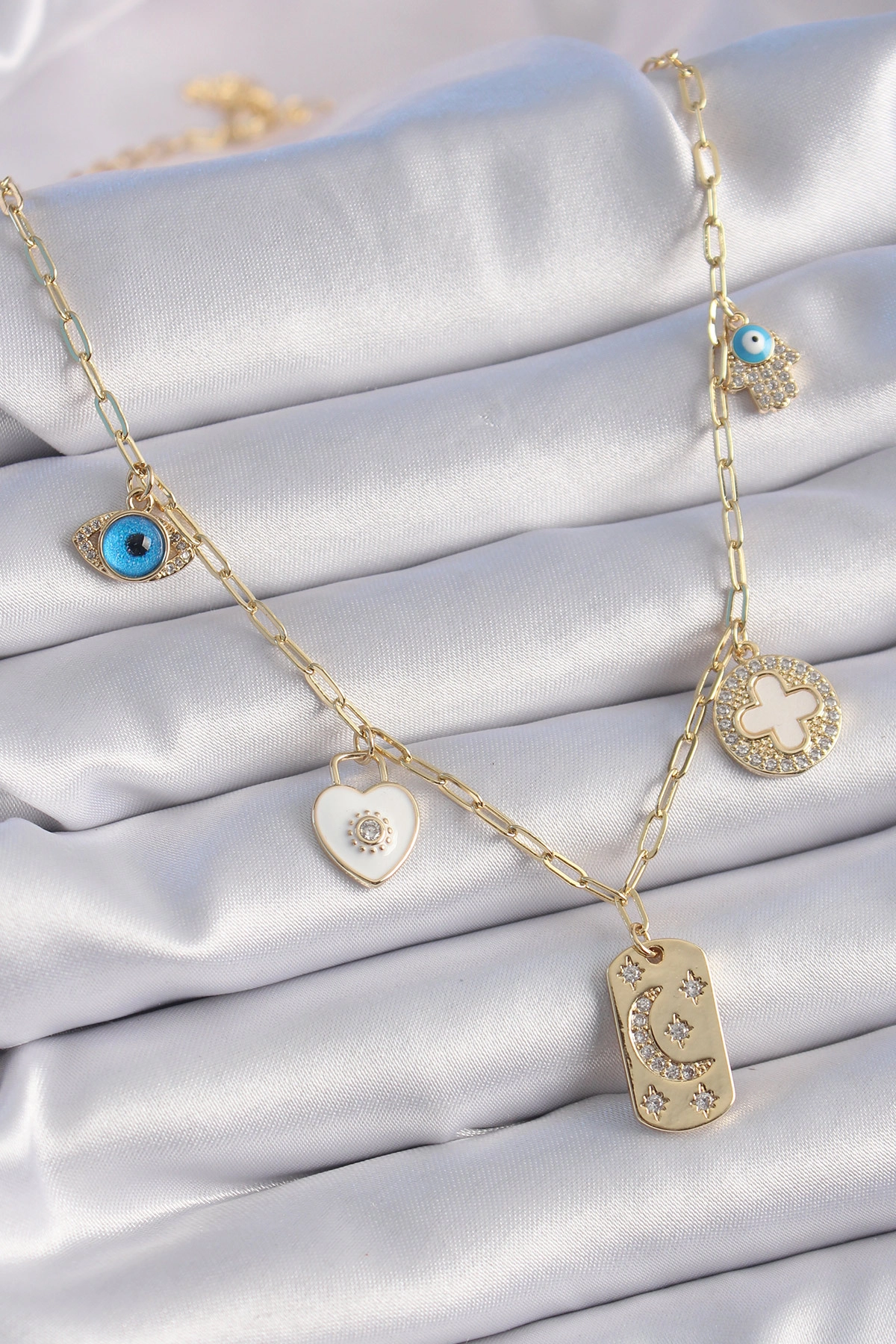 Gold Renk Zirkon Taşlı Çoklu Figür Model Şans Kolyesi-0