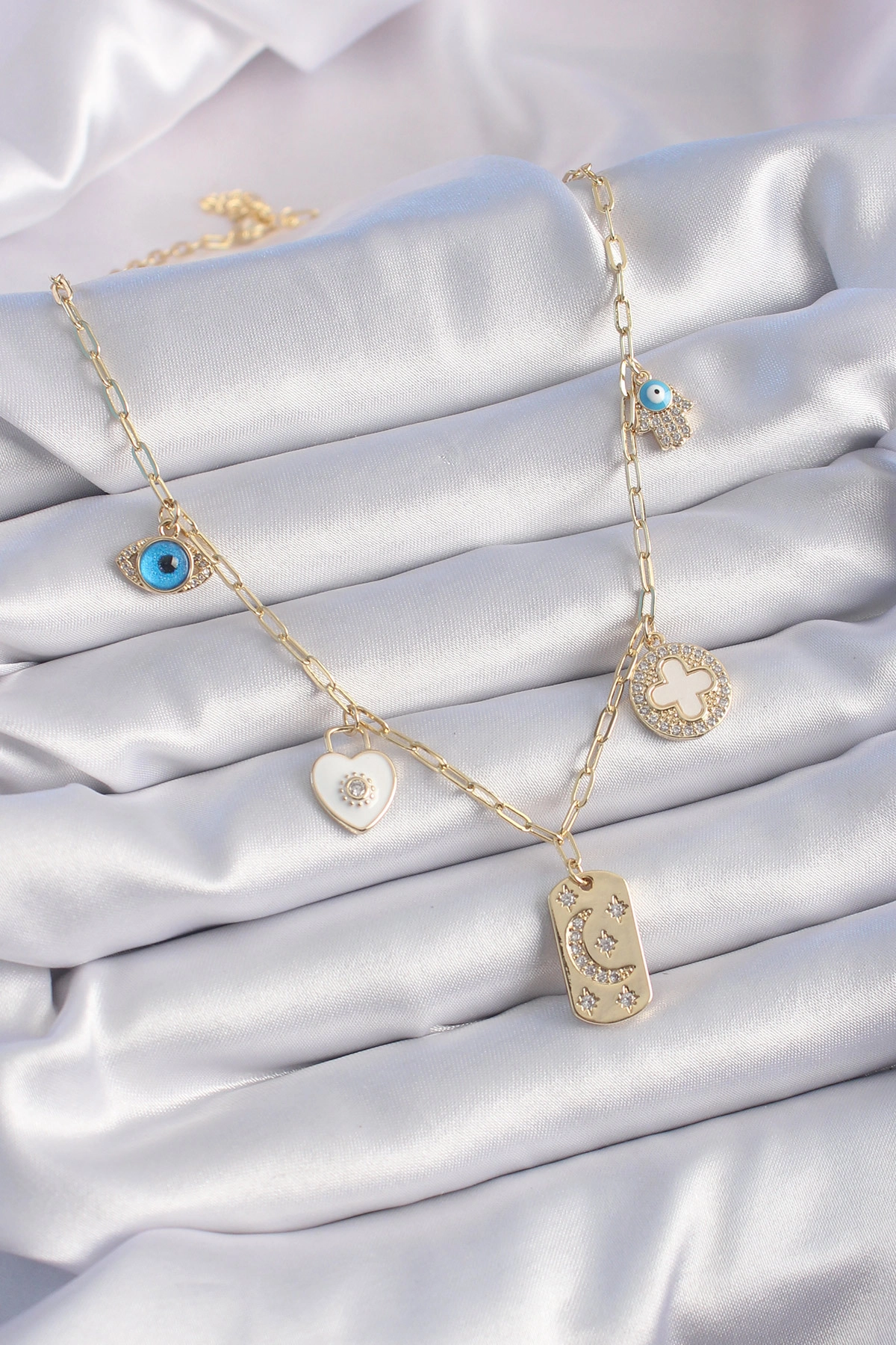 Gold Renk Zirkon Taşlı Çoklu Figür Model Şans Kolyesi-1