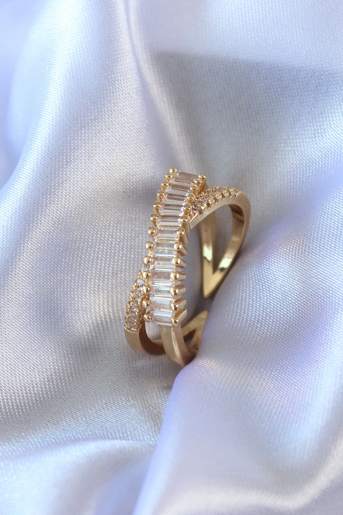 Gold Renk Zirkon Taşlı Pirinç Kadın Yüzük-0