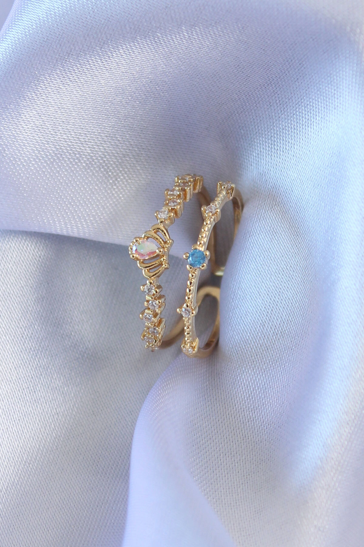 Gold Renk Zirkon Taşlı Taç Figür Pirinç Kadın Yüzük-0