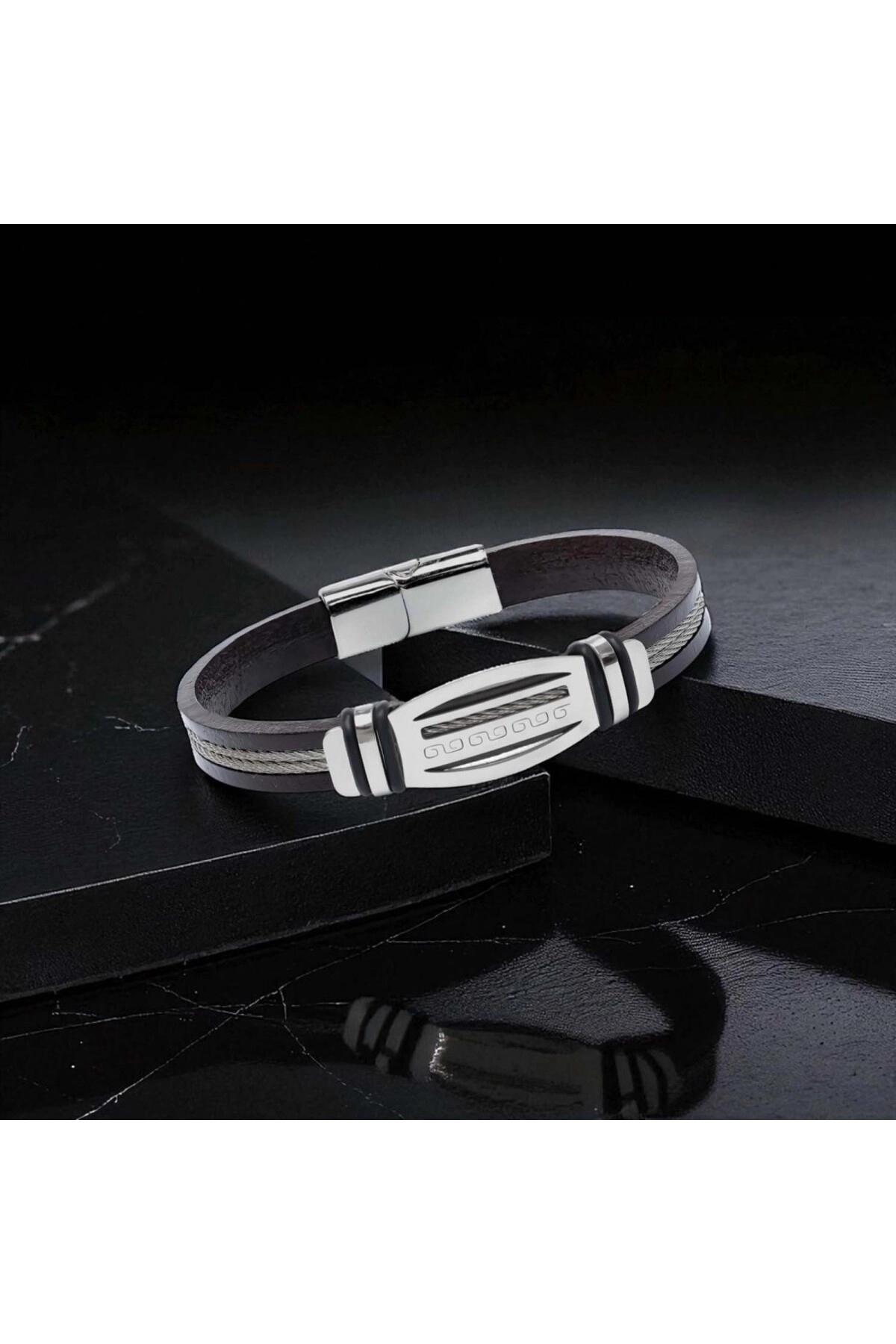 Grek Anahtarı Desenli Çelik Halatlı Erkek Bileklik-2