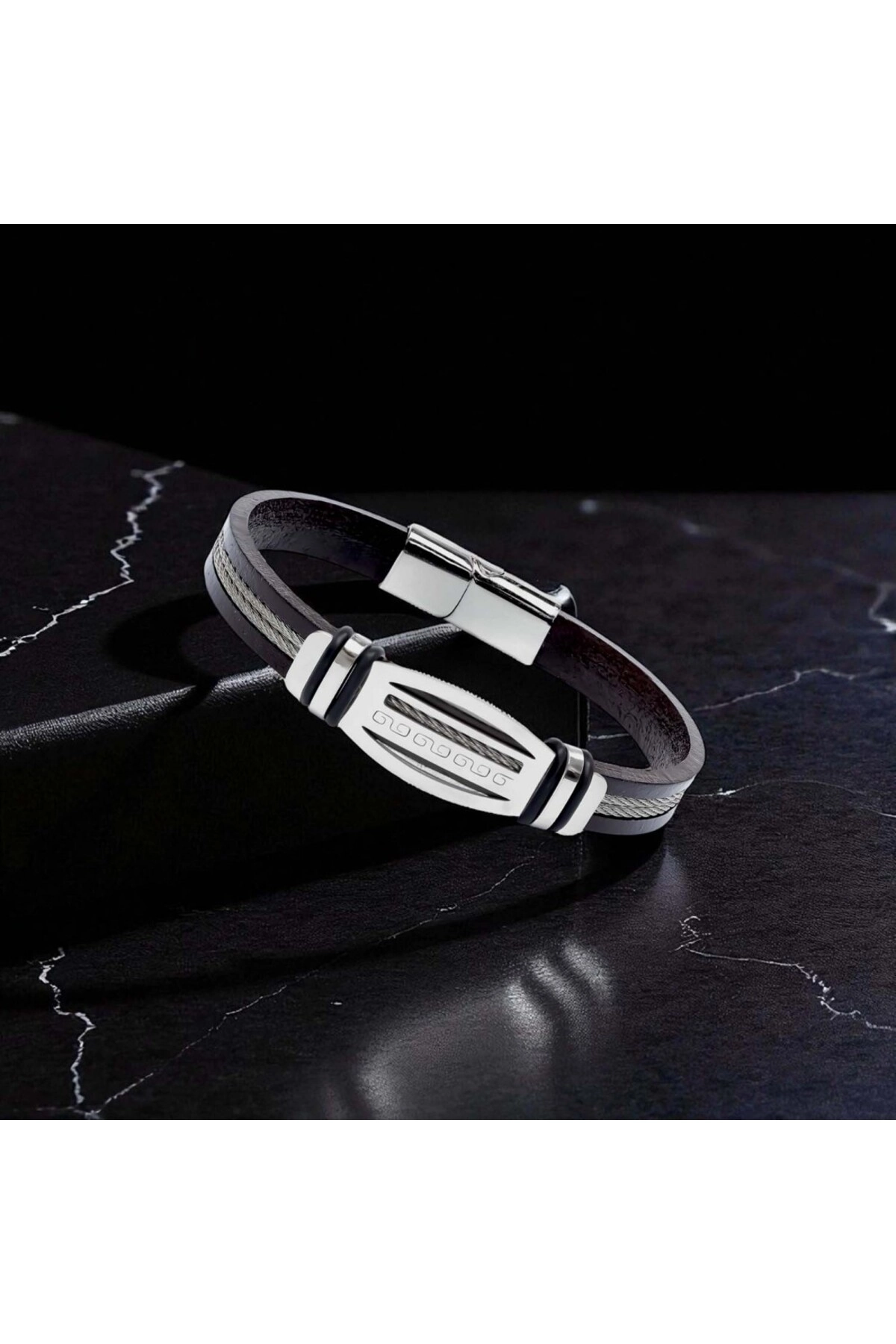 Grek Anahtarı Desenli Çelik Halatlı Erkek Bileklik-3