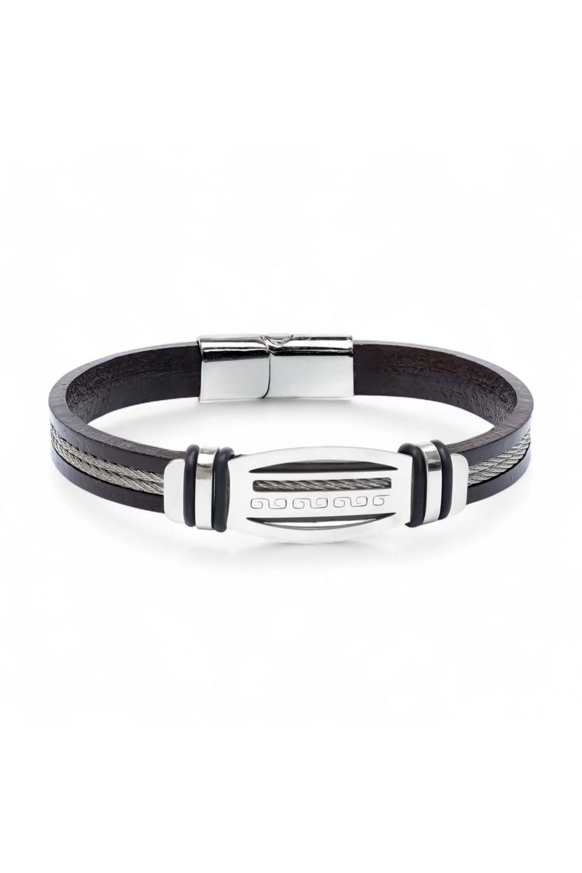 Grek Anahtarı Desenli Çelik Halatlı Erkek Bileklik-4