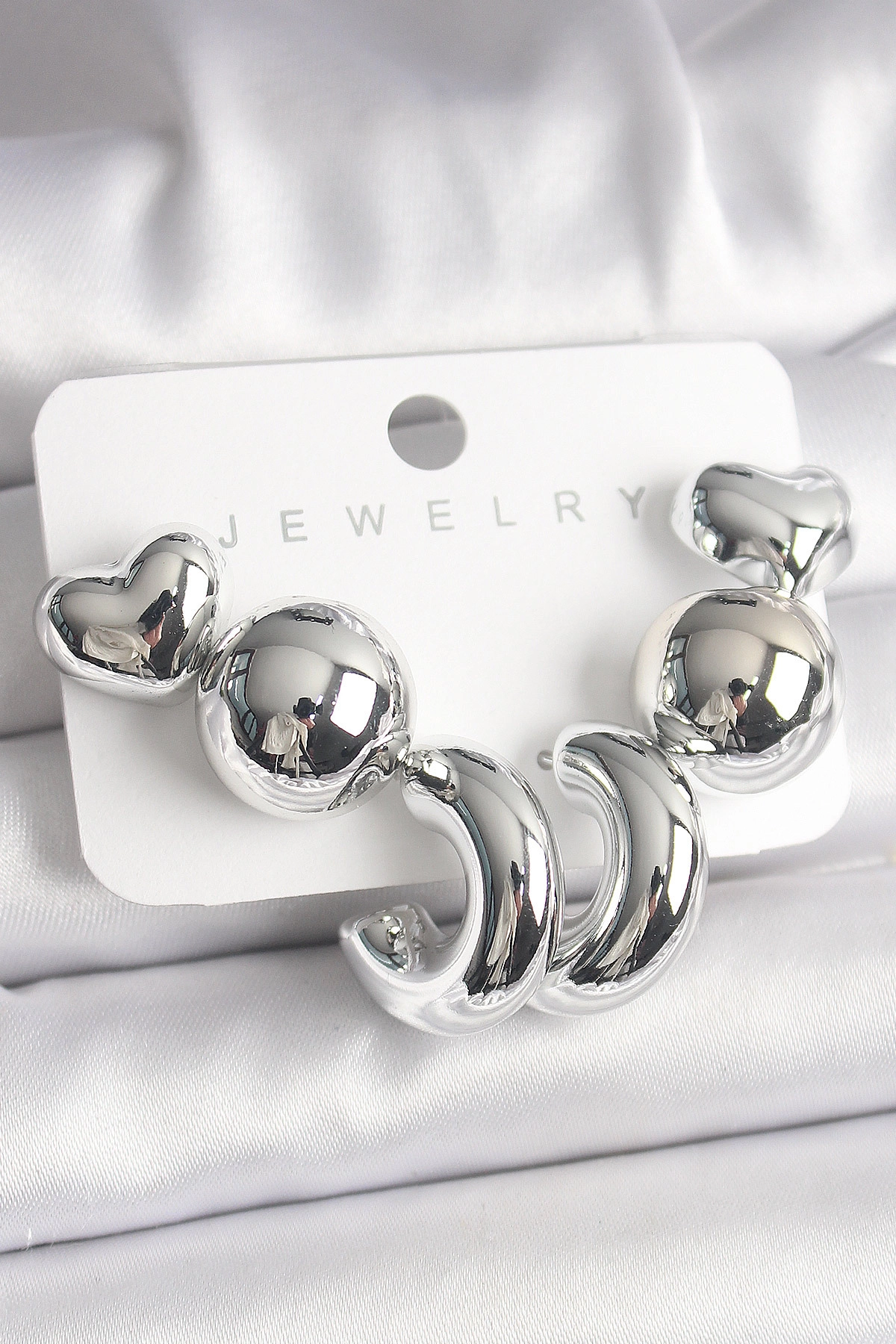 Gümüş Renk Kalp Halka Figür CCB Plastik Kadın Küpe Seti-0