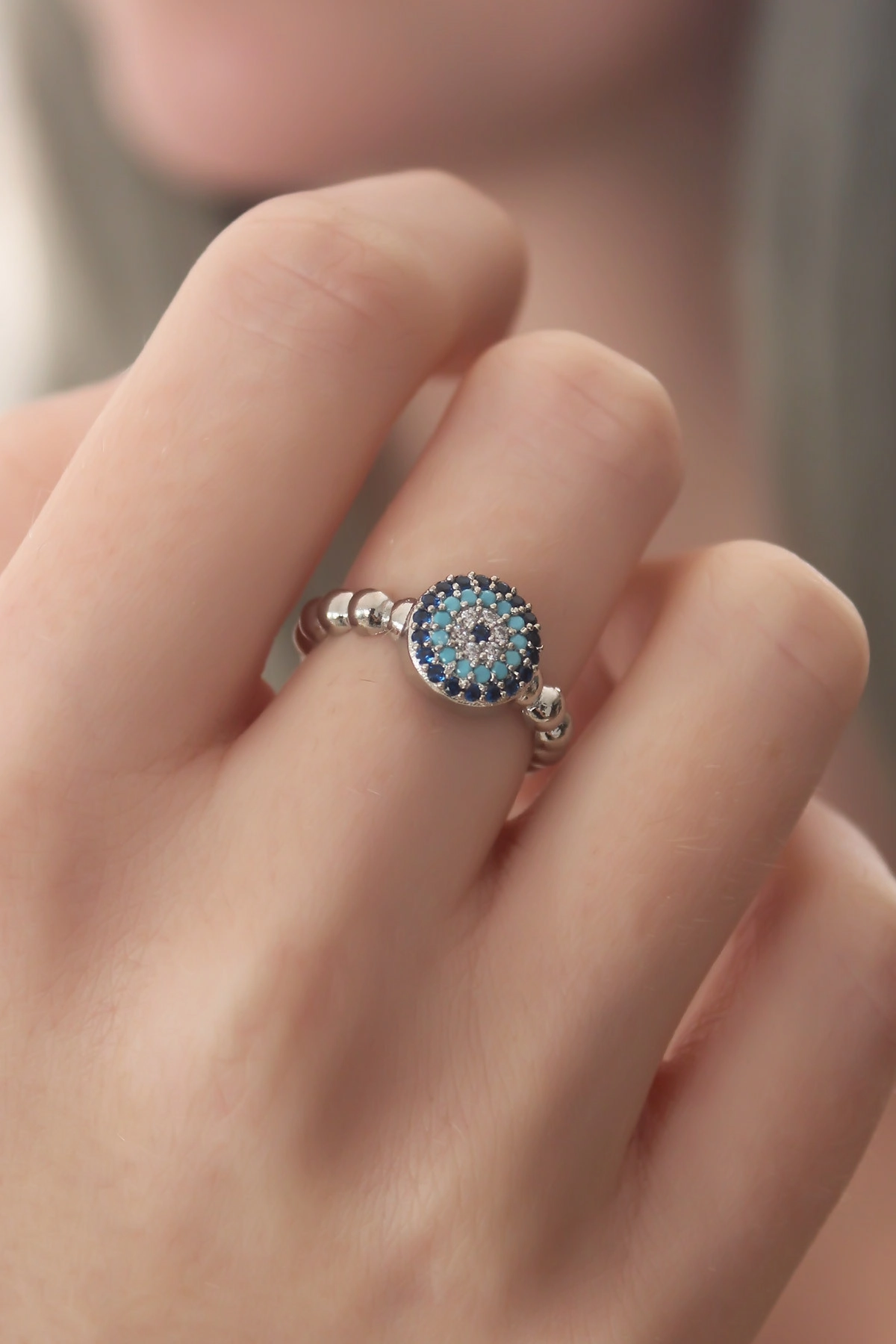 Gümüş Renk Nazar Boncuk Figür Zirkon Taş Detay Kadın Yüzük-0