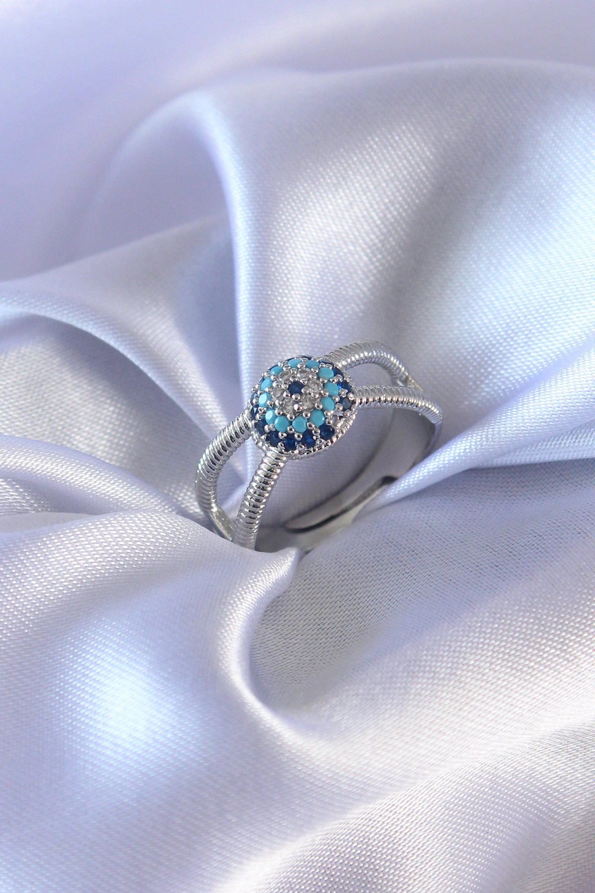 Gümüş Renk Nazar Boncuk Model Kadın Yüzük-0