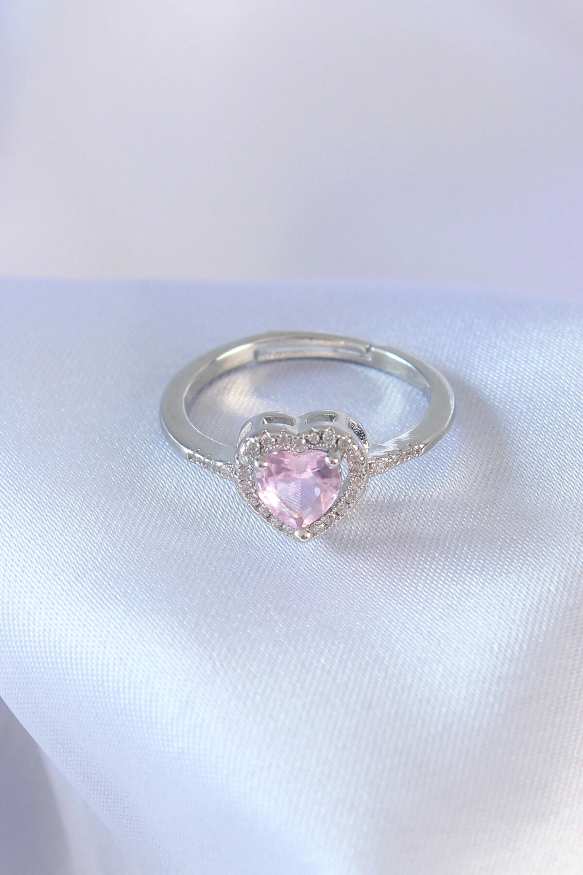 Gümüş Renk Pembe Zirkon Taşlı Kalp Charm Model Pirinç Kadın Yüzük-1