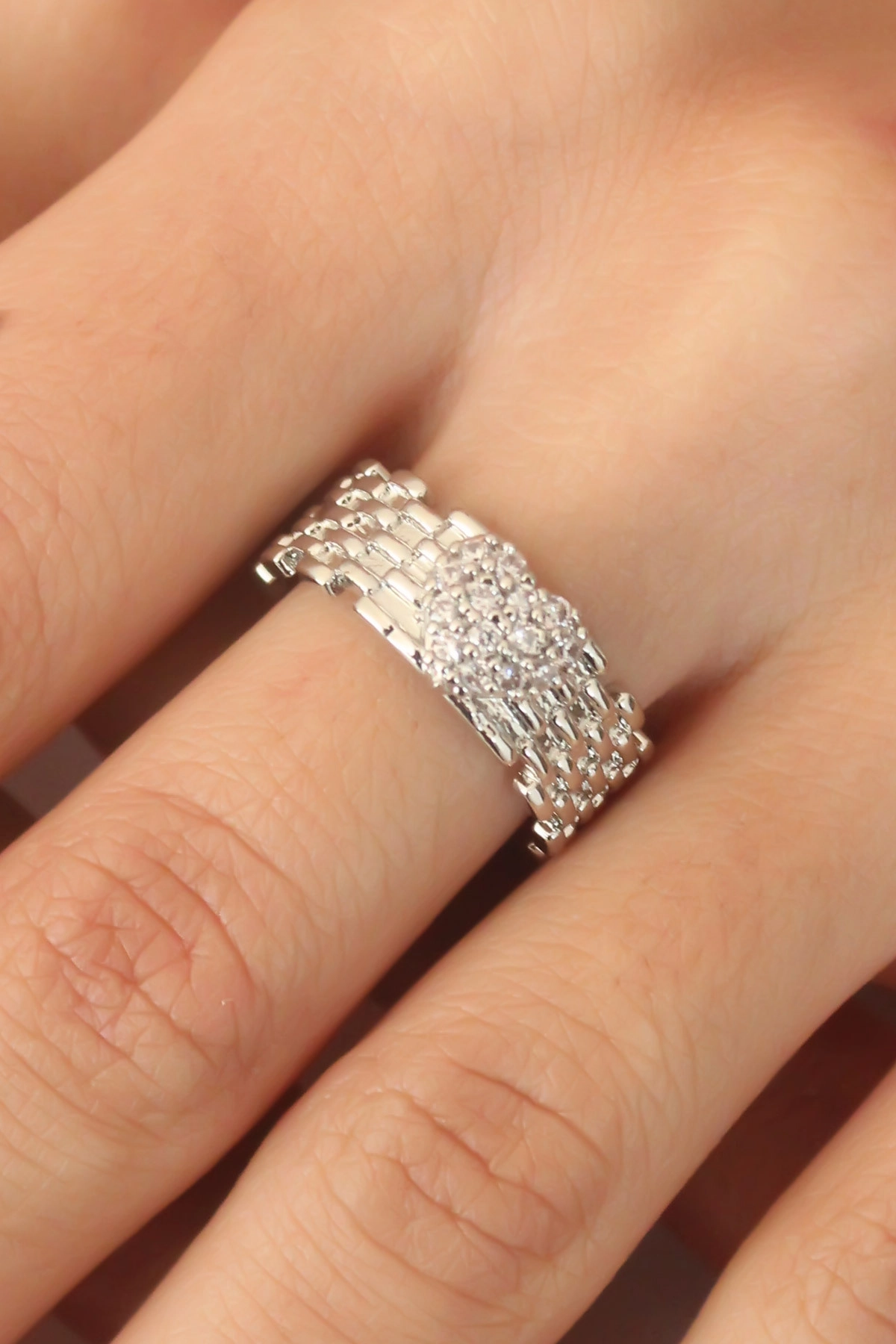 Gümüş Renk Zirkon Taşlı Kalpli Ayarlanabilir Kadın Yüzük-0