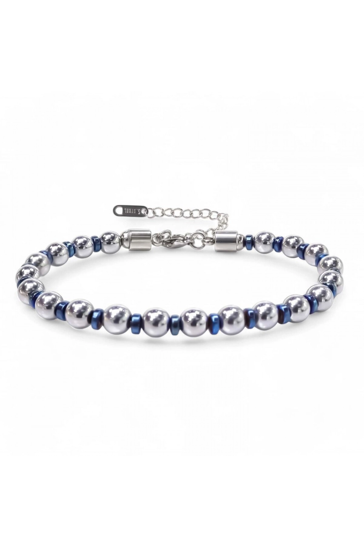 Gümüş Ve Mavi Renkli Hematit Ayaranabilir Çelik Zincir Bileklik-0