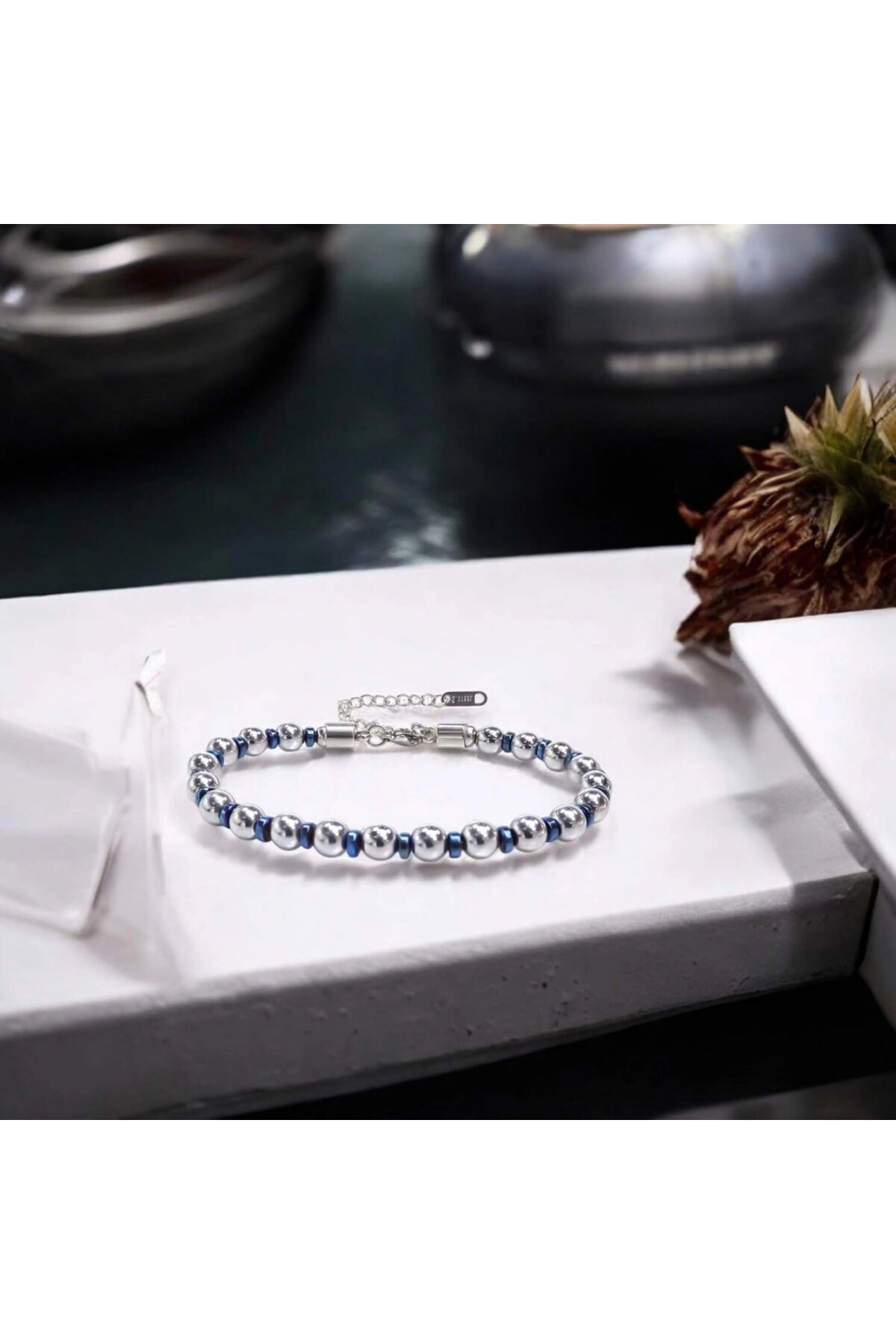 Gümüş Ve Mavi Renkli Hematit Ayaranabilir Çelik Zincir Bileklik-1