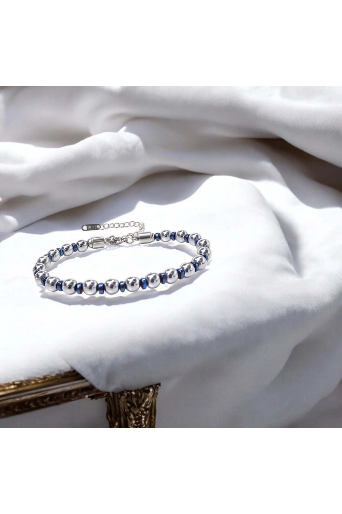 Gümüş Ve Mavi Renkli Hematit Ayaranabilir Çelik Zincir Bileklik-2