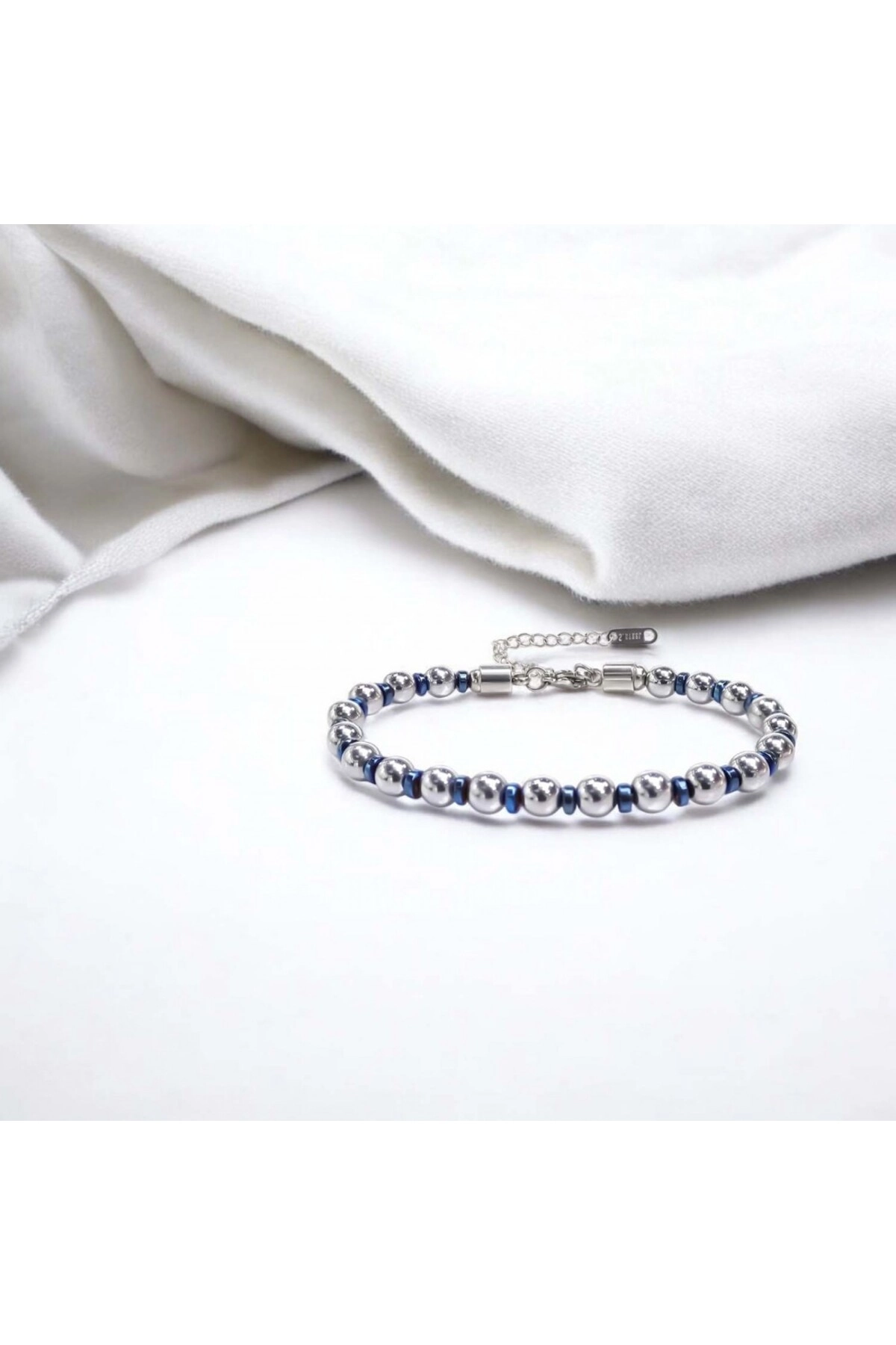 Gümüş Ve Mavi Renkli Hematit Ayaranabilir Çelik Zincir Bileklik-3