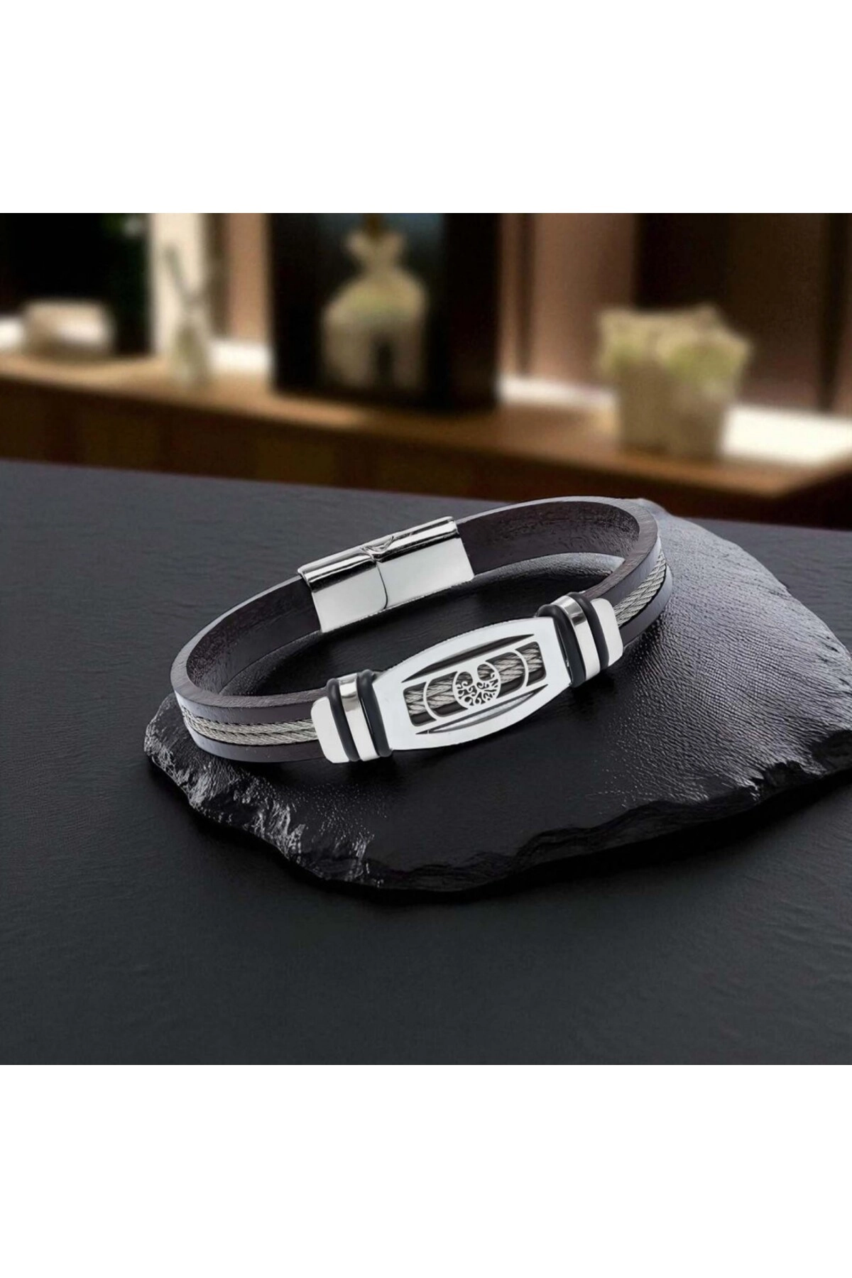 Hayat Ağacı Desenli Çelik Halatlı Erkek Bileklik-2