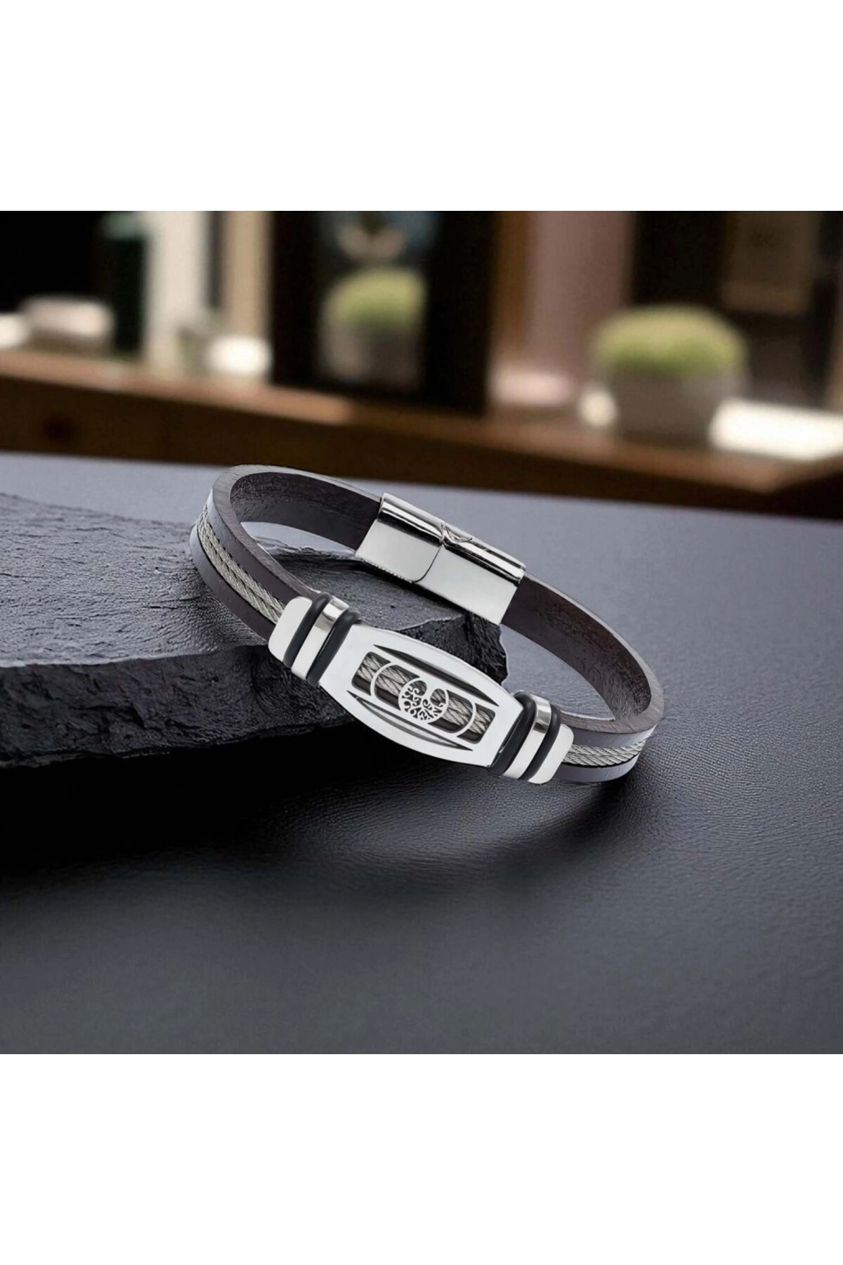 Hayat Ağacı Desenli Çelik Halatlı Erkek Bileklik-3