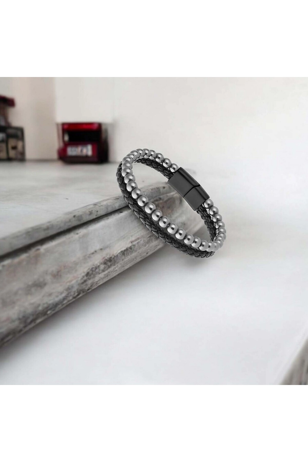Hematit Doğaltaş Deri Erkek Bileklik-4