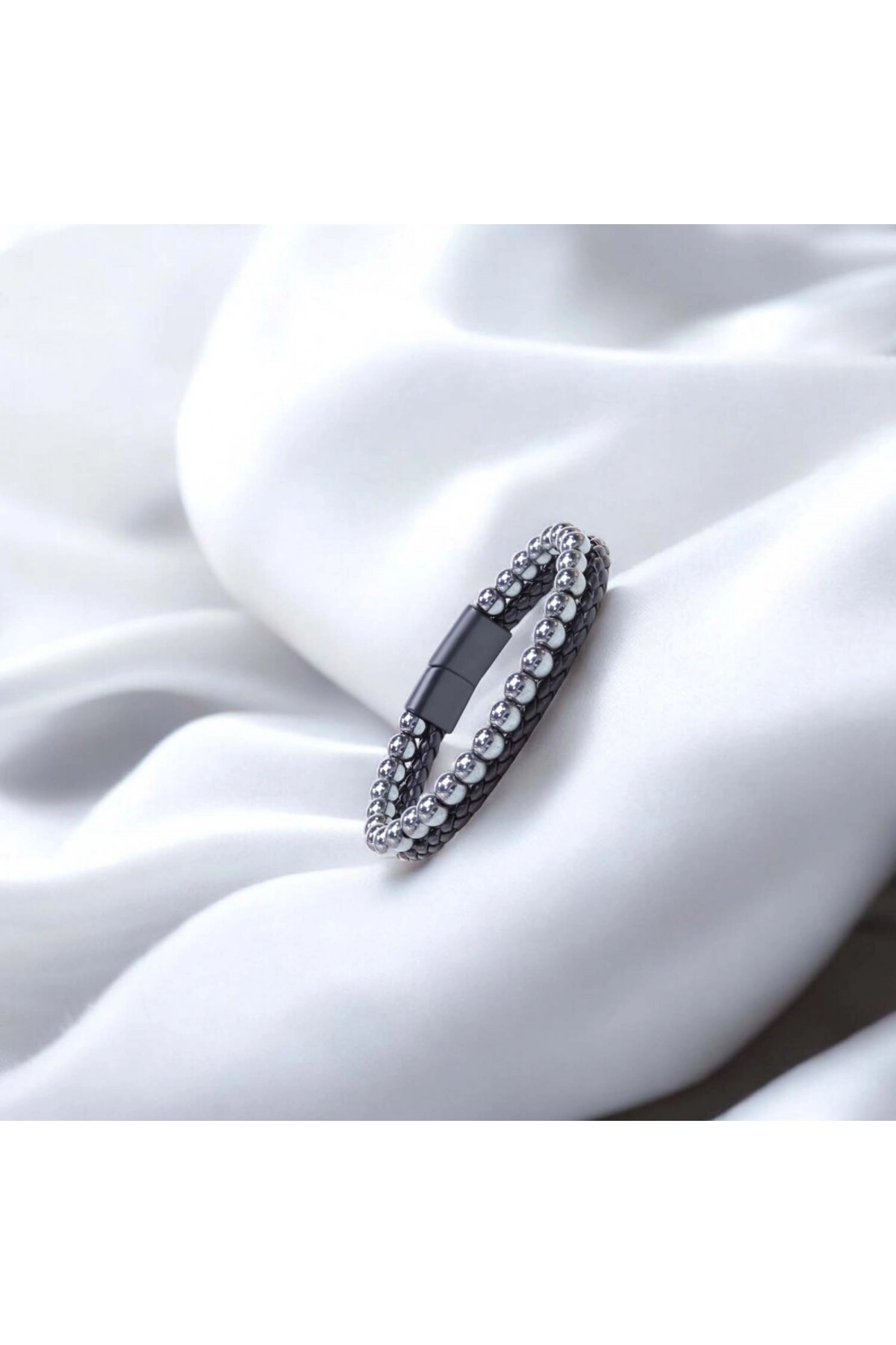 Hematit Doğaltaş Deri Erkek Bileklik-2