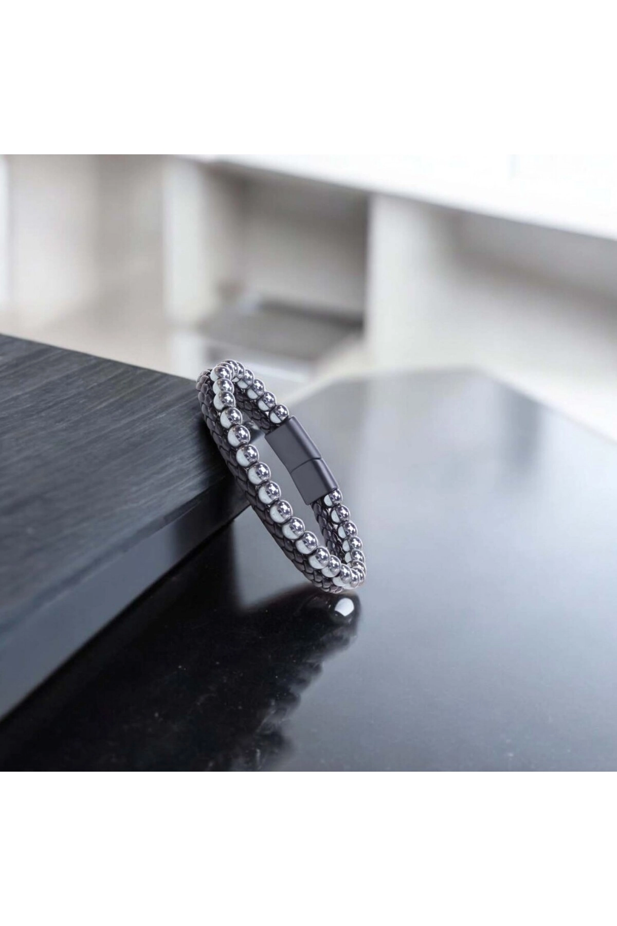 Hematit Doğaltaş Deri Erkek Bileklik-3