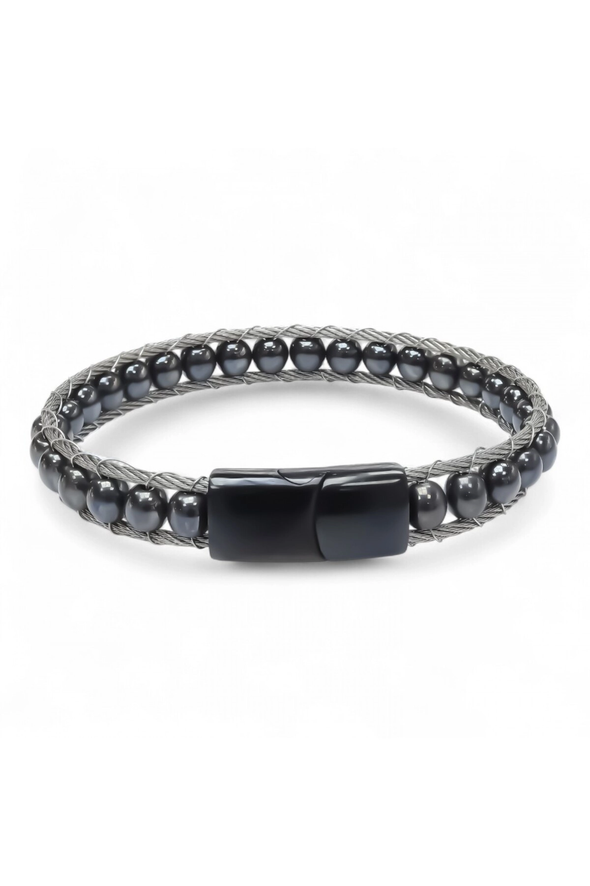 Hematit Doğaltaş Ve Çelik Halat Örme Bileklik-0