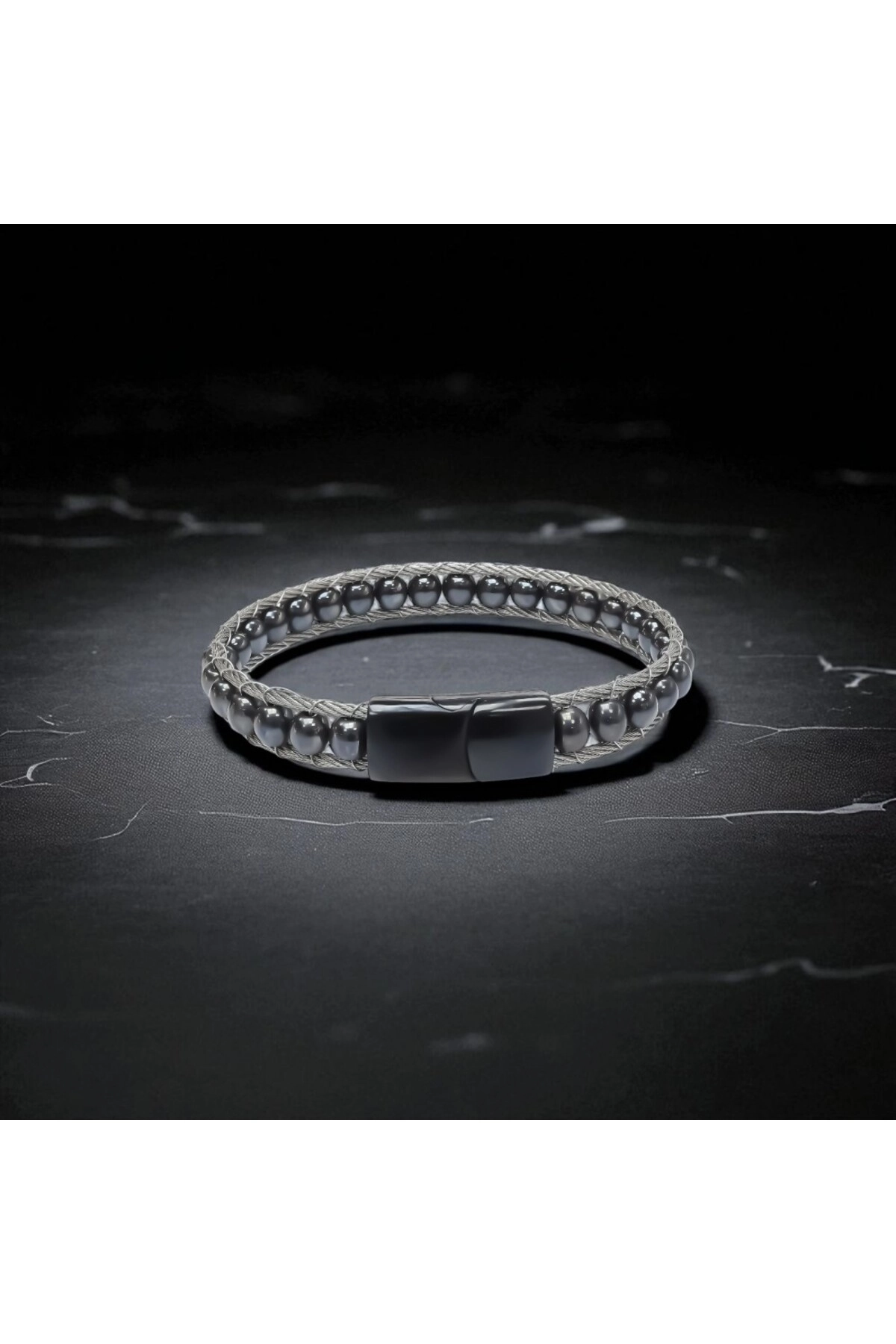 Hematit Doğaltaş Ve Çelik Halat Örme Bileklik-3