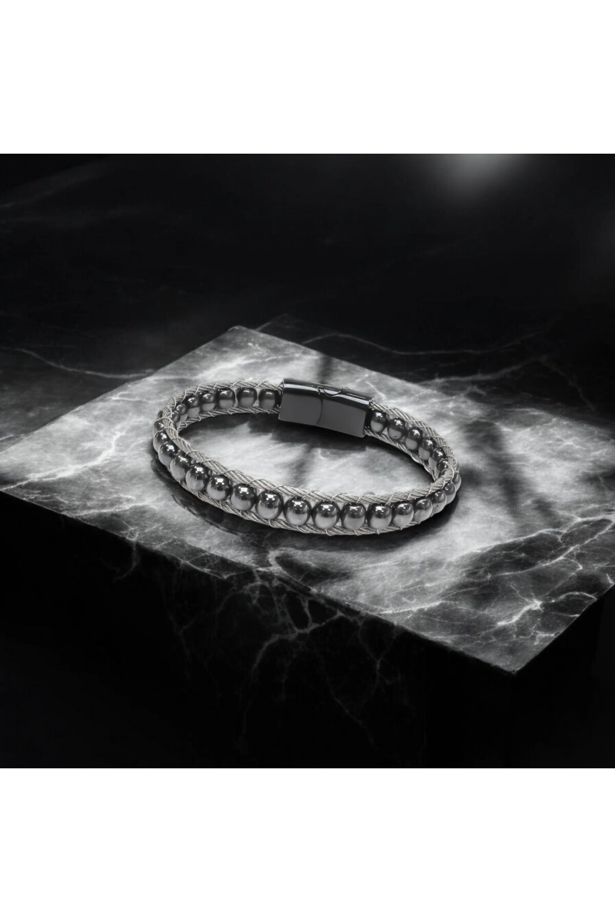 Hematit Doğaltaş Ve Çelik Halat Örme Bileklik-2